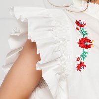 White women`s blouse with ruffle details loose fit poplin, thin cotton embroidered