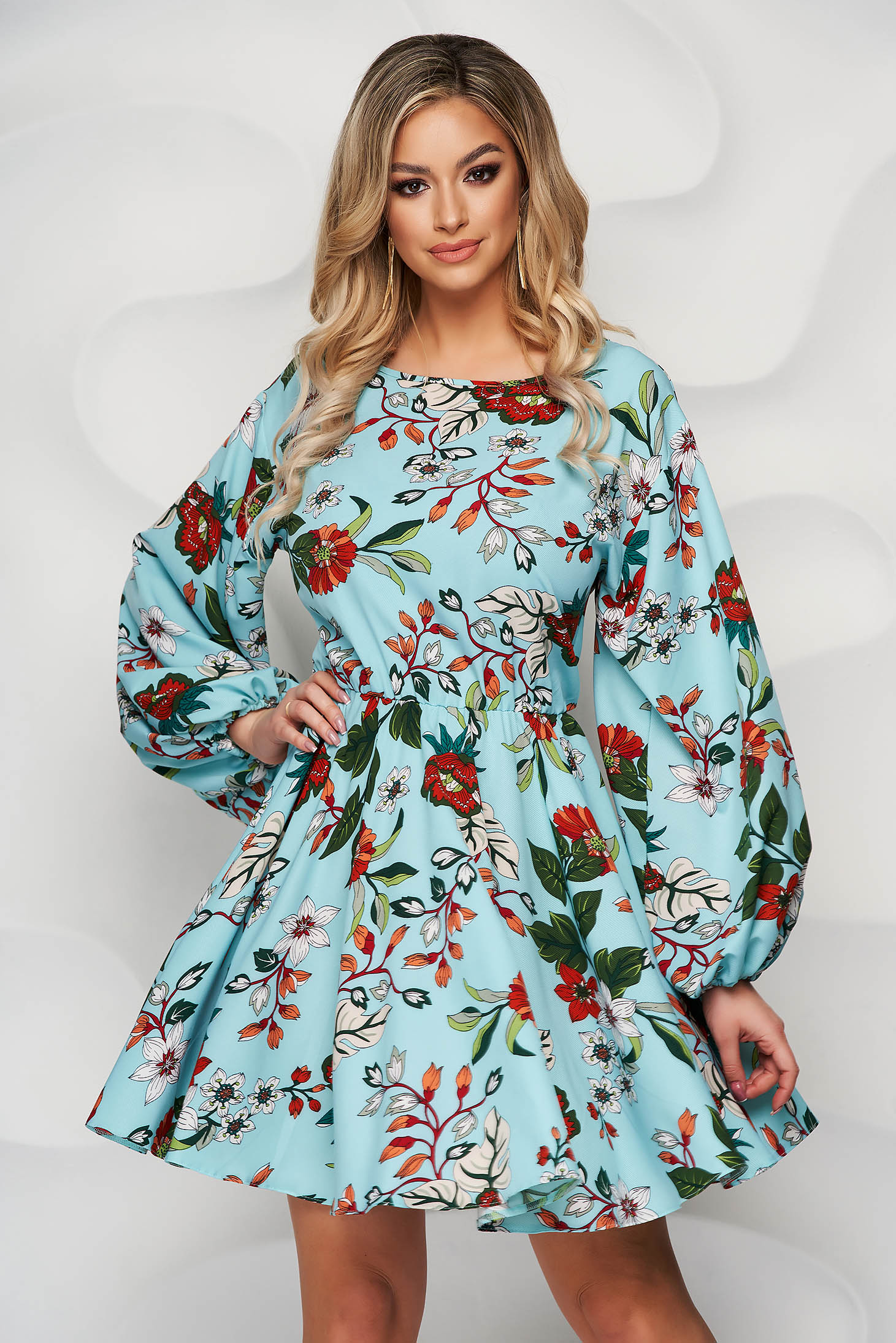 StarShinerS dress with floral print nonelastic fabric cloche with elastic waist with puffed sleeves