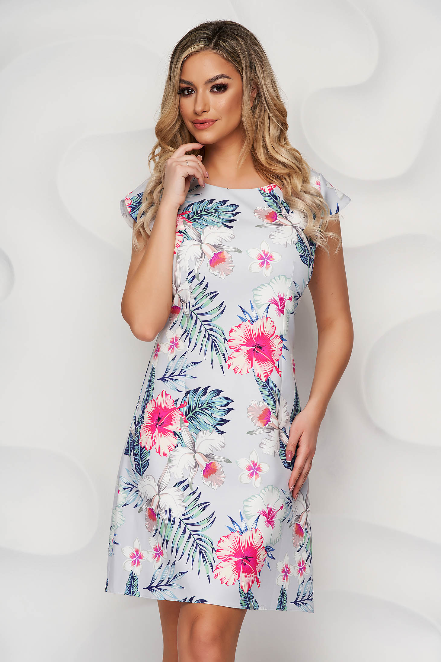 Dress from elastic fabric a-line with rounded cleavage with floral print