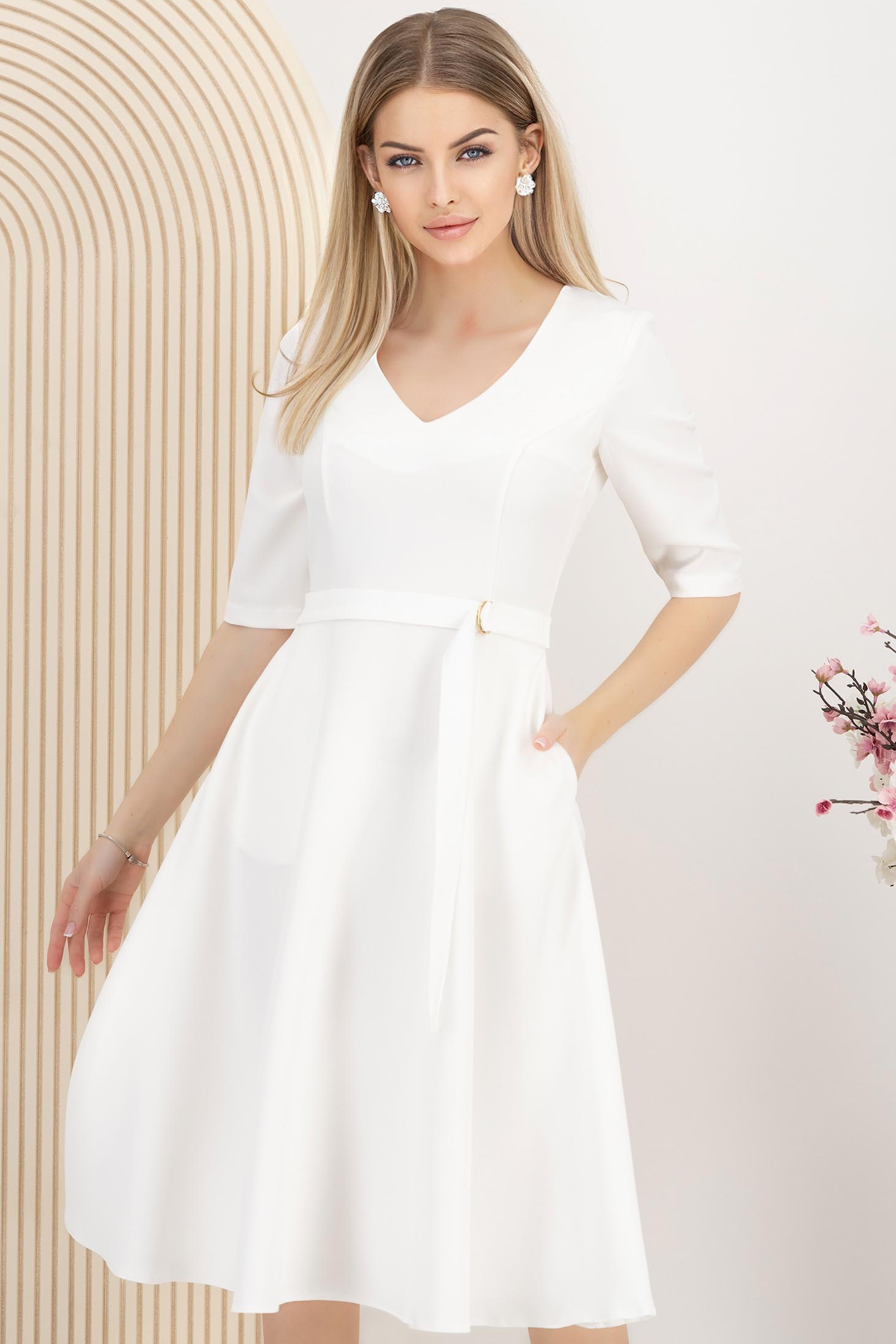Rochie din stofa elastica ivoire midi in clos cu accesoriu tip curea - StarShinerS 1 - StarShinerS.ro