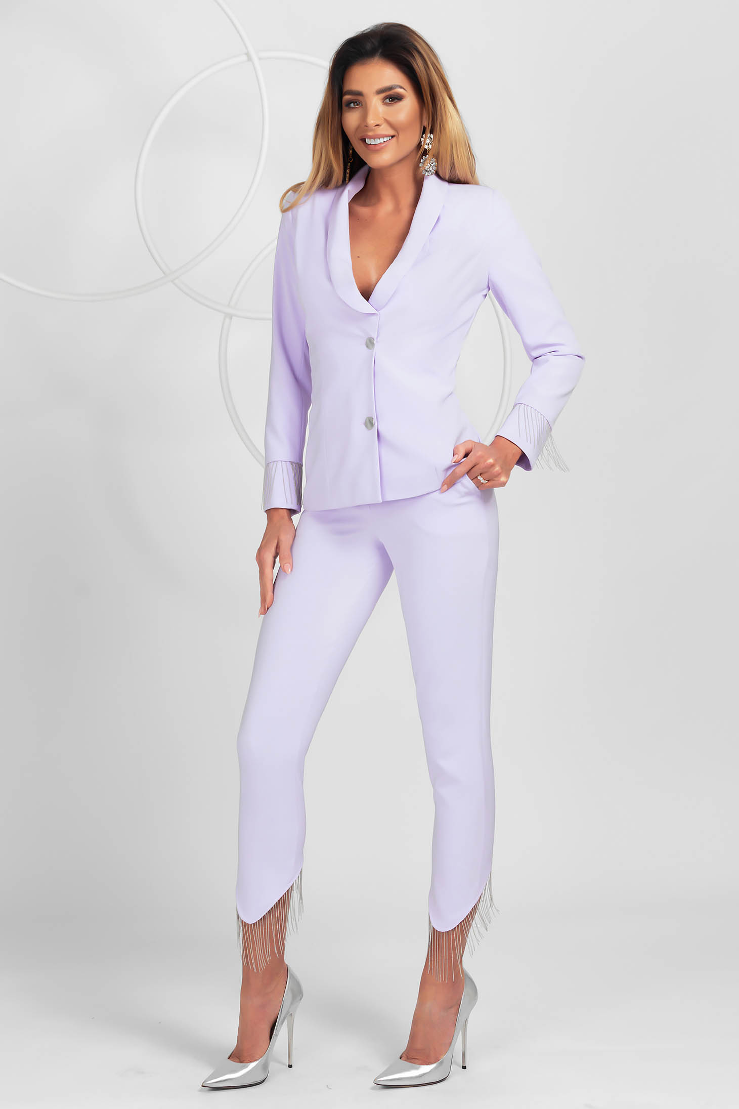 Lila trousers elegant conical medium waist with fringes at the bottom