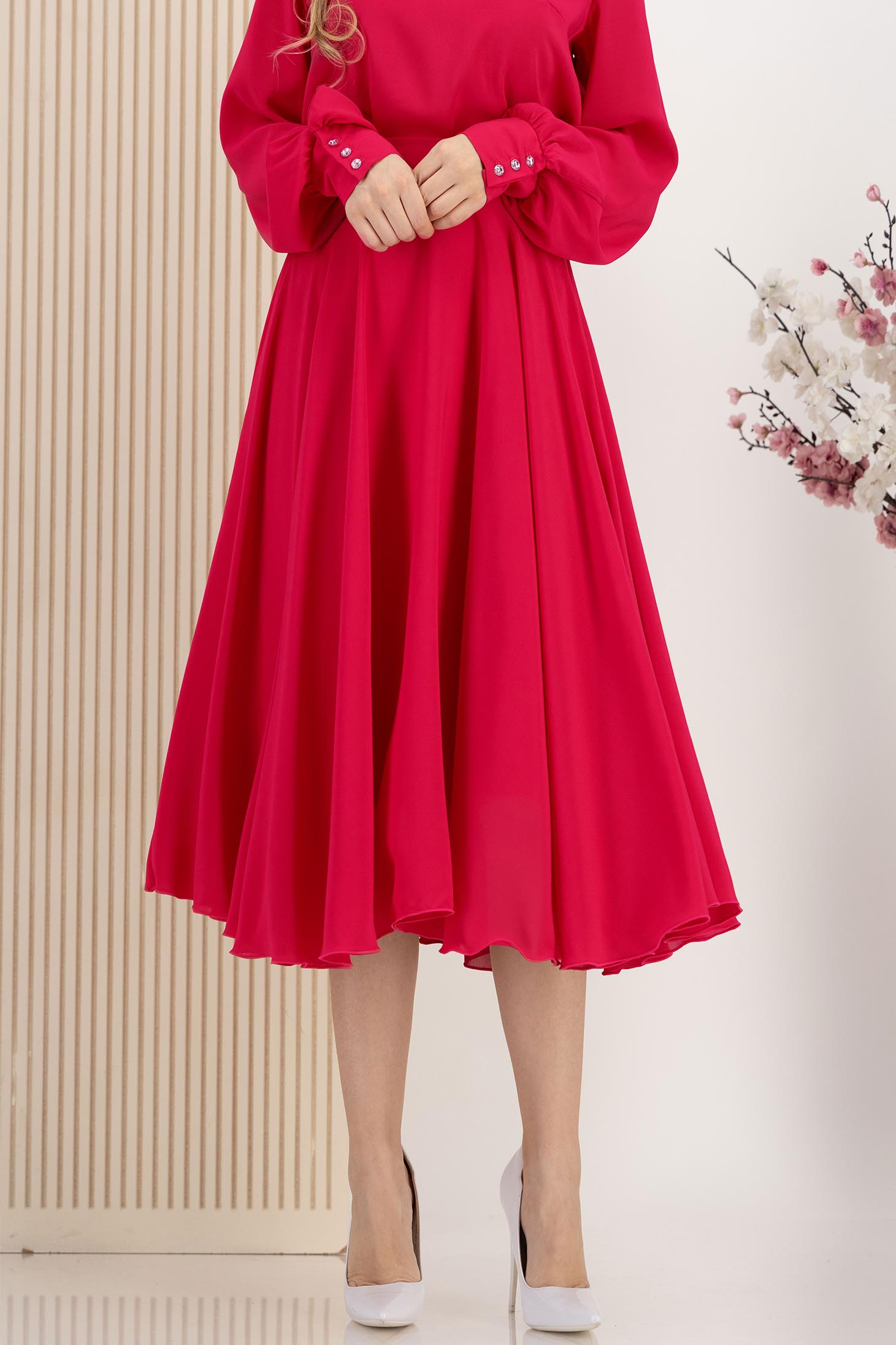 Fusta din voal fuchsia midi in clos cu talie inalta - StarShinerS 1 - StarShinerS.ro