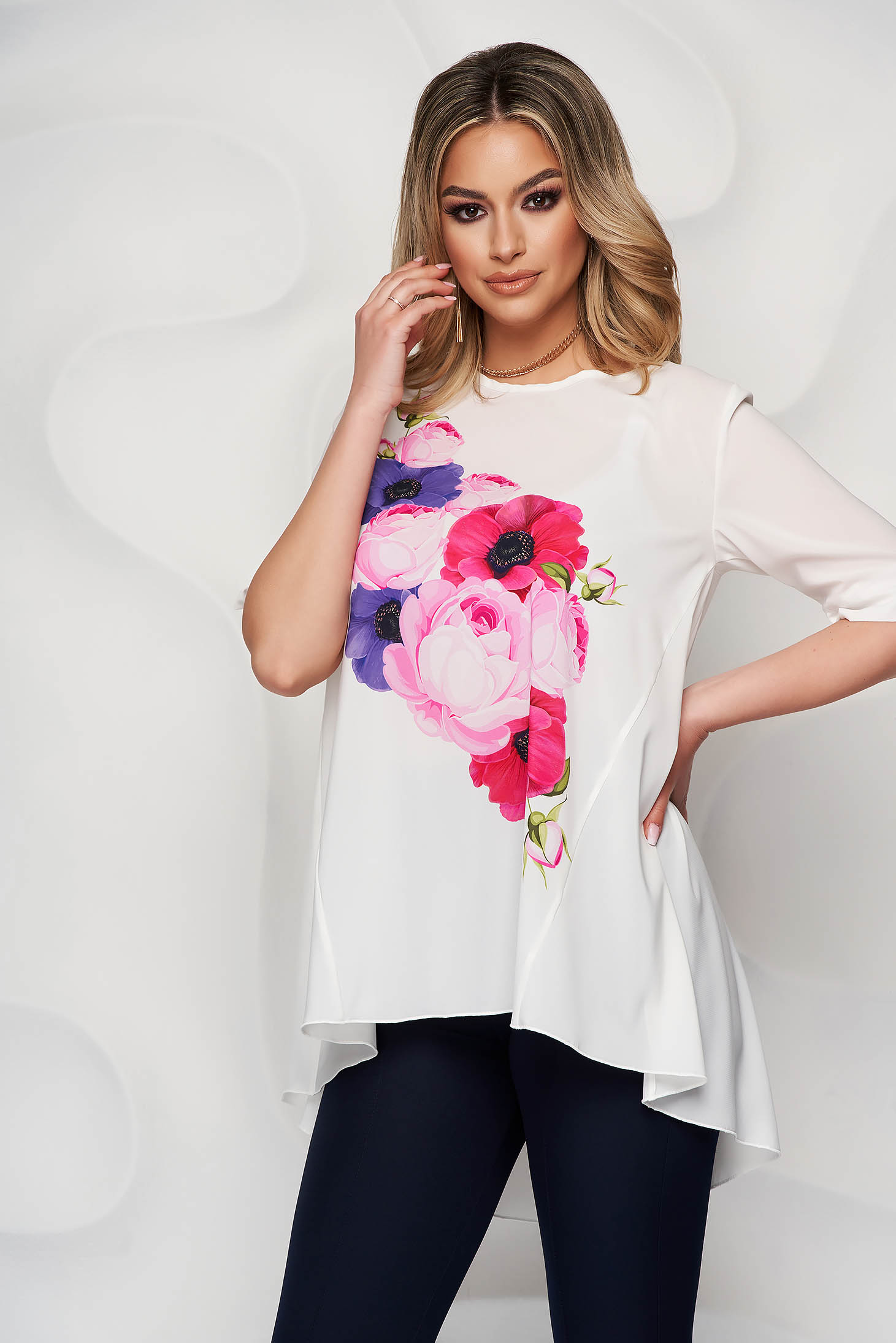 StarShinerS ivory women`s blouse with floral print from veil fabric loose fit