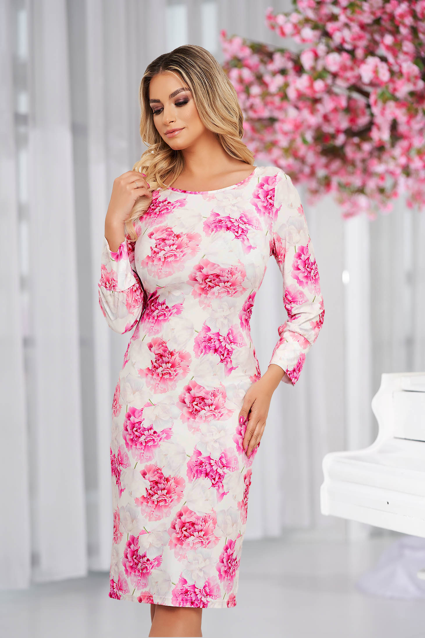 - StarShinerS dress with floral print midi straight elastic cloth