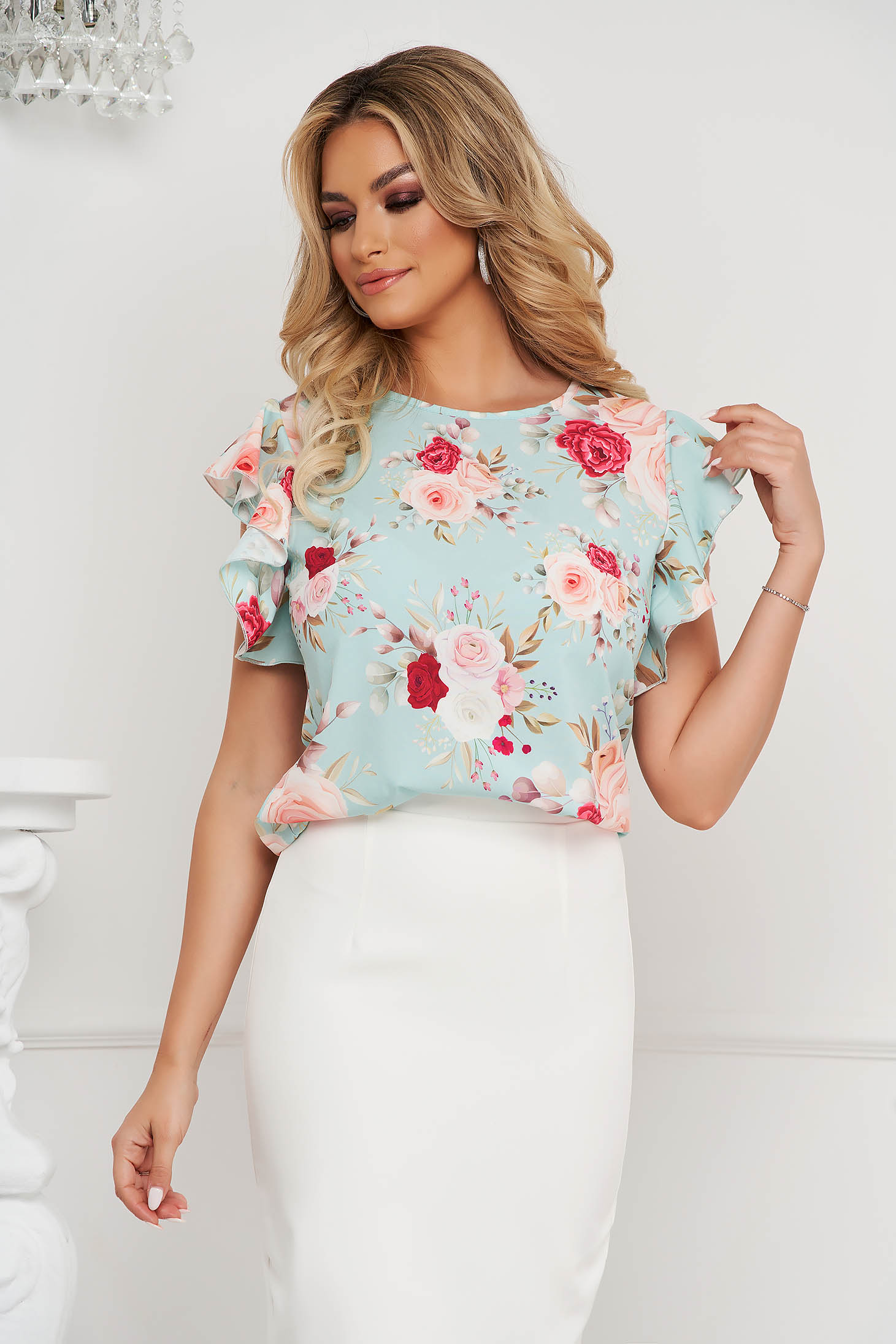 StarShinerS women`s blouse office with ruffle details soft fabric loose fit with floral print