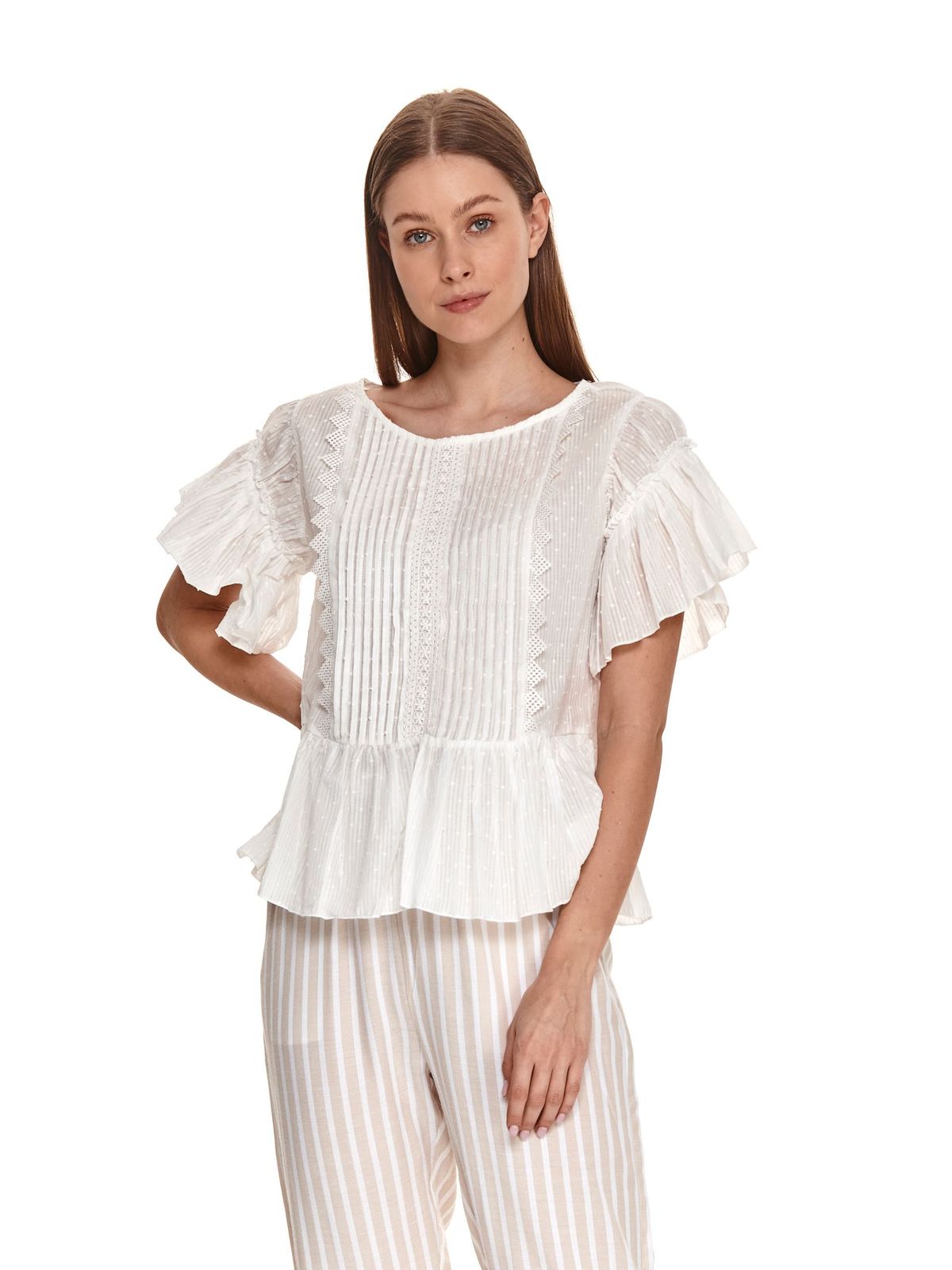 Ivory women`s blouse plumeti with ruffle details loose fit slightly transparent fabric