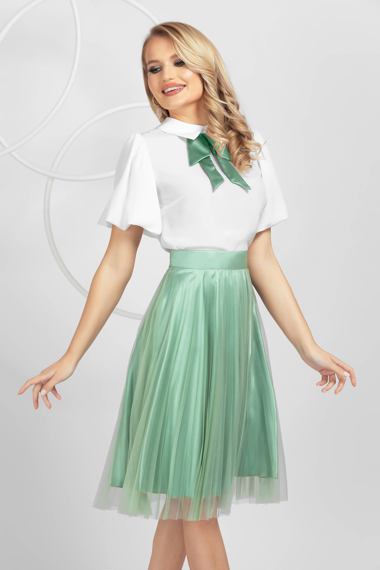 Lightgreen skirt elegant midi cloche from tulle high waisted folded up 1 - StarShinerS.com
