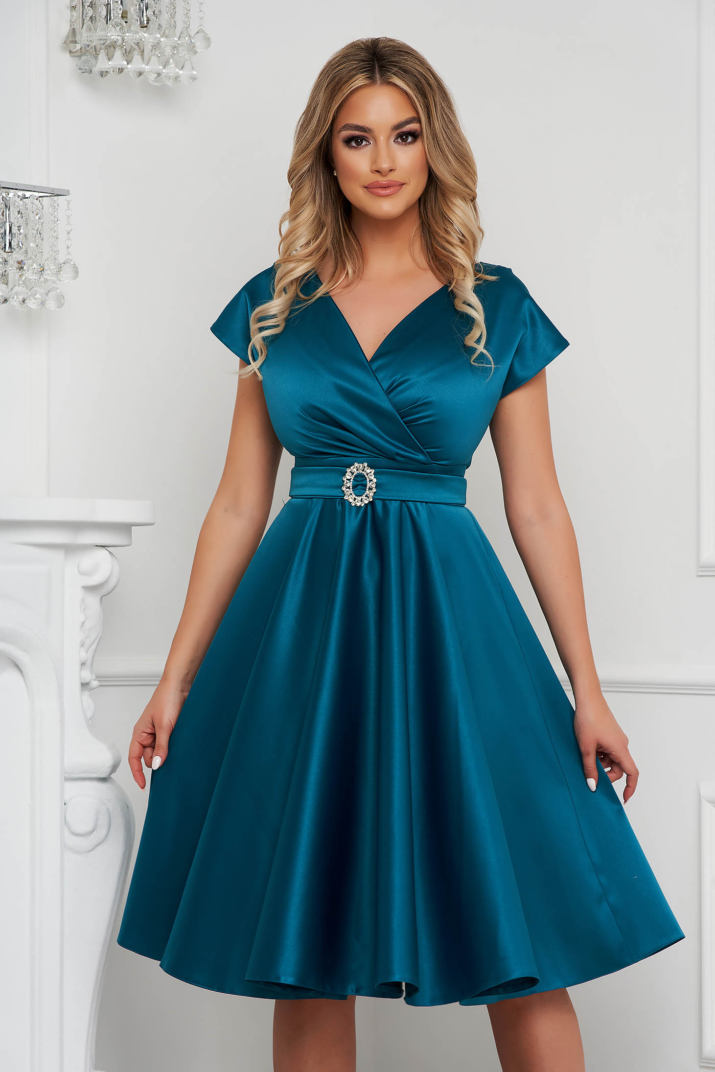 Dirty green cloche wrap over front dress midi elegant