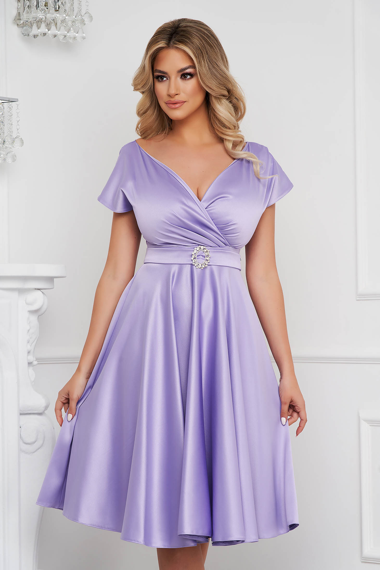 Lilac Taffeta Midi Dress with Wrapover Neckline - PrettyGirl 1 - StarShinerS.com