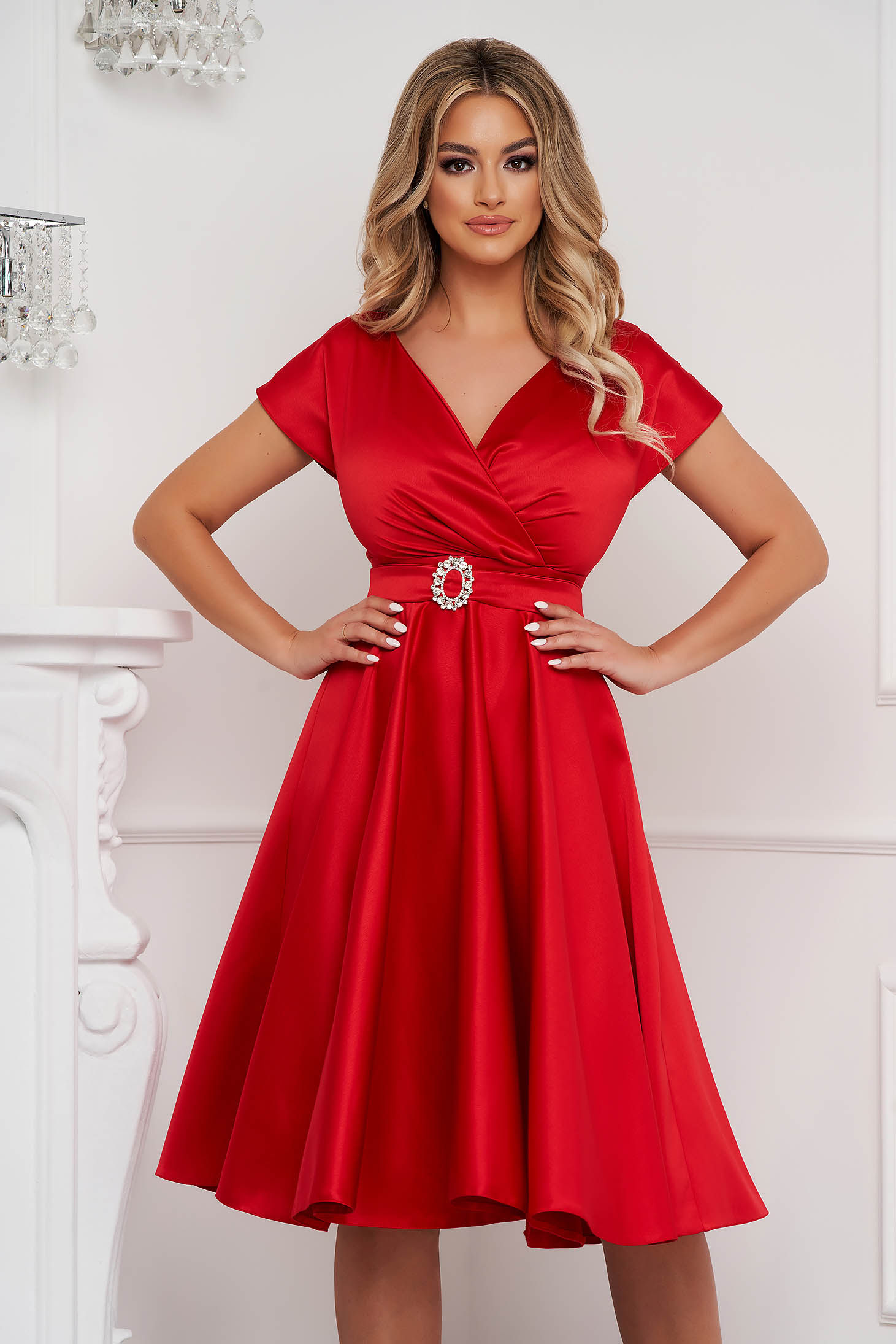 Red Taffeta Midi Flared Dress with Crossover Neckline - PrettyGirl 1 - StarShinerS.com