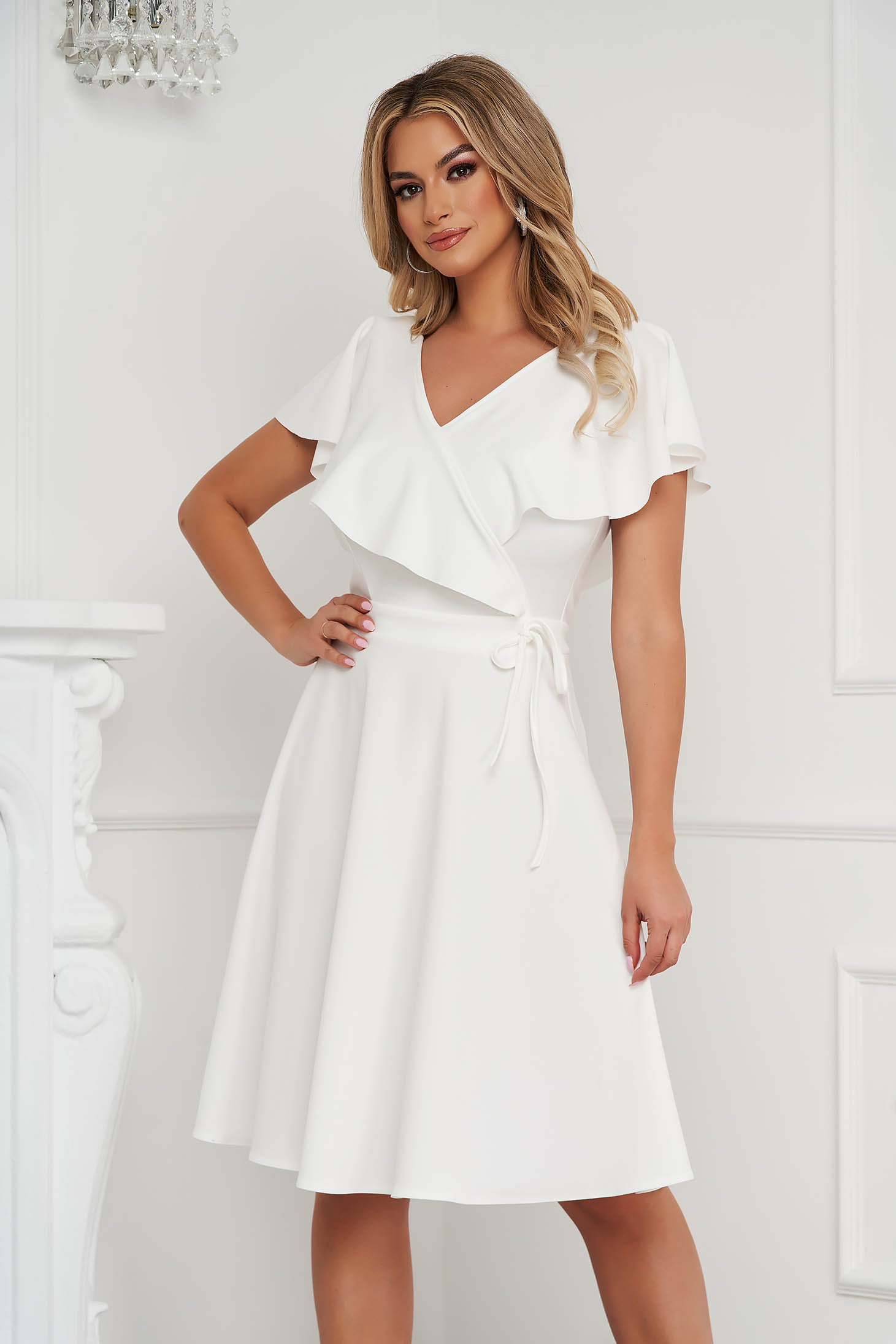 StarShinerS ivory dress short cut cloche frilly trim around cleavage line