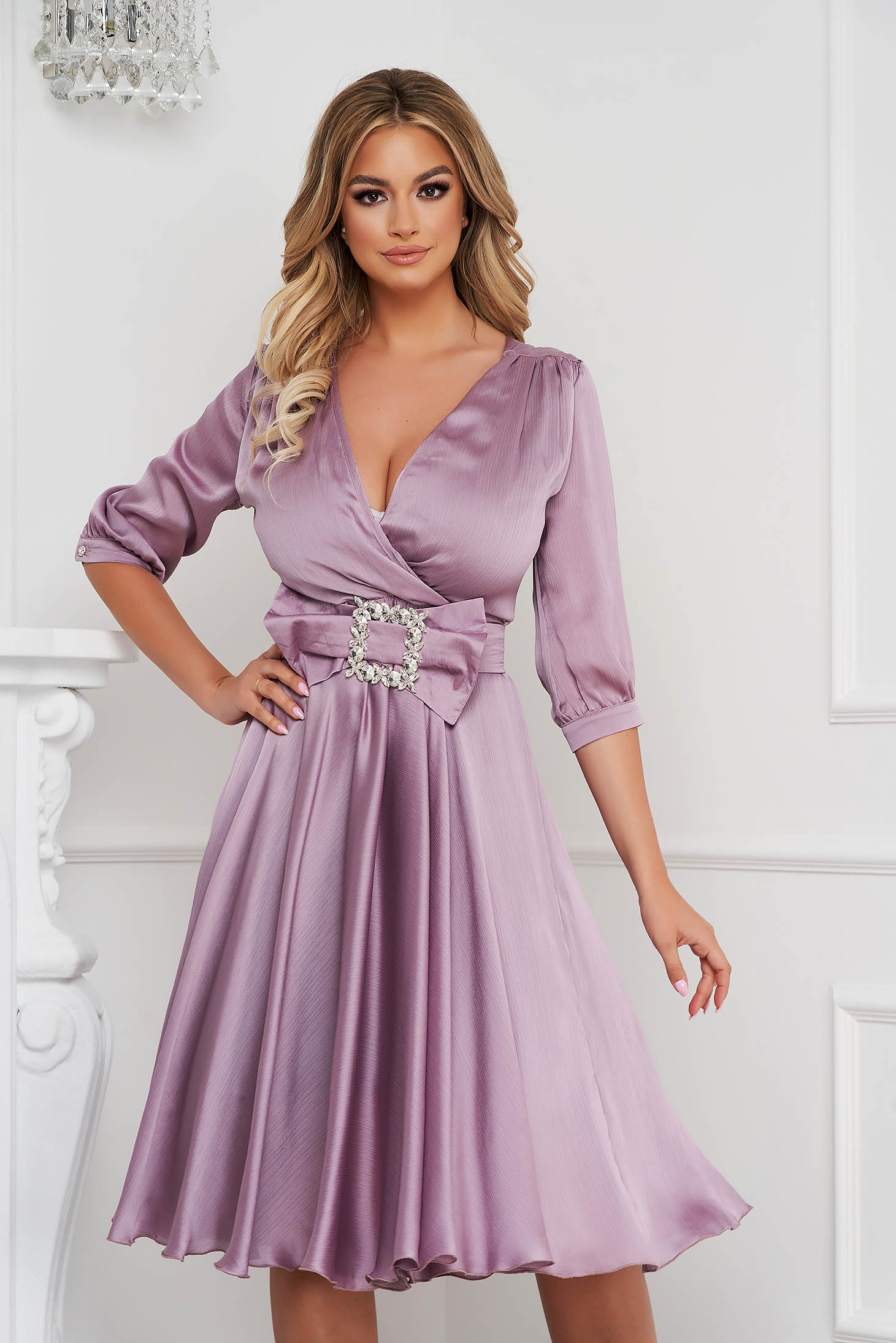 Light Purple Satin Veil Midi Dress in A-line design accessorized with a buckle - PrettyGirl