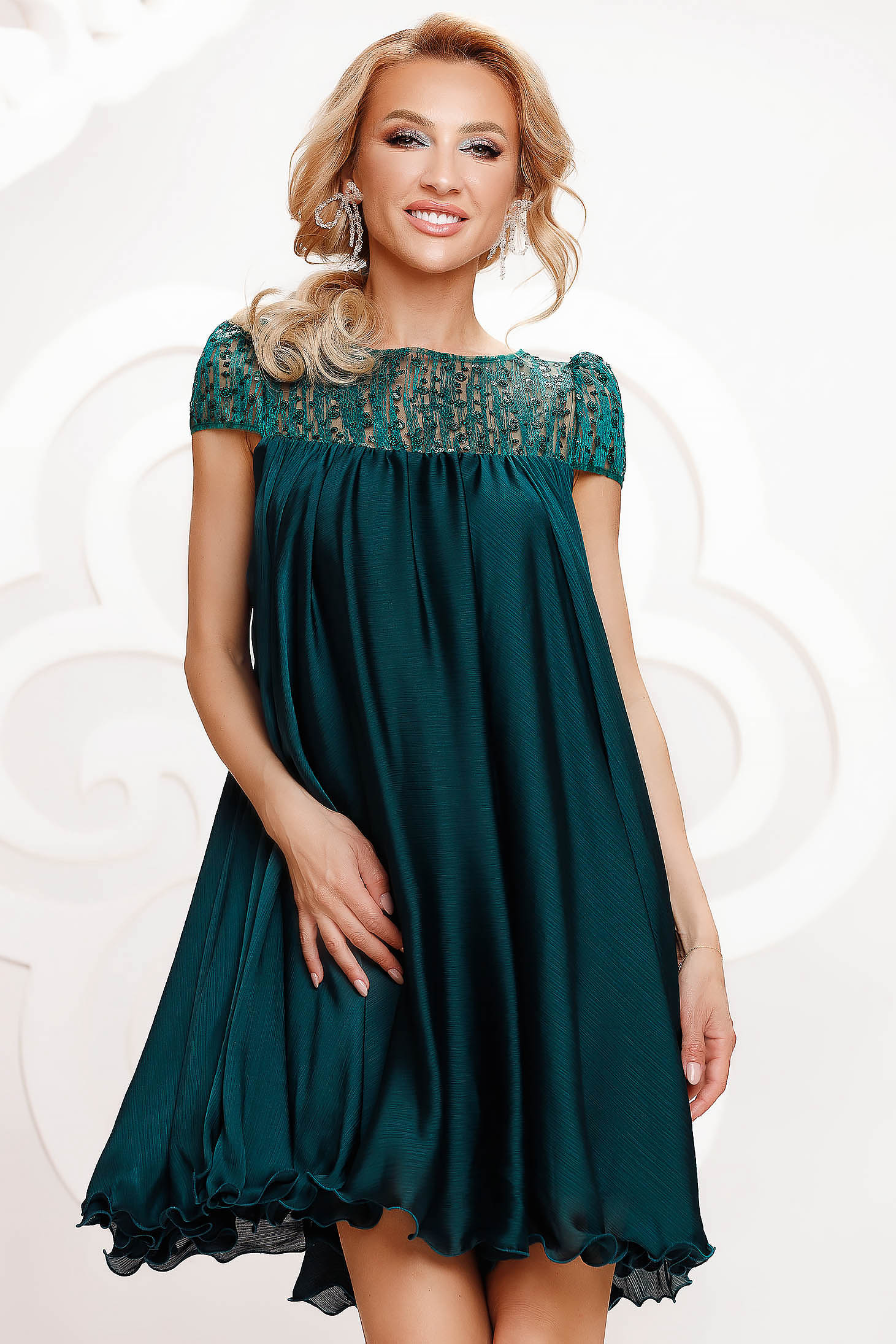 Dirty green dress from veil fabric occasional with lace details with crystal embellished details loose fit 1 - StarShinerS.com