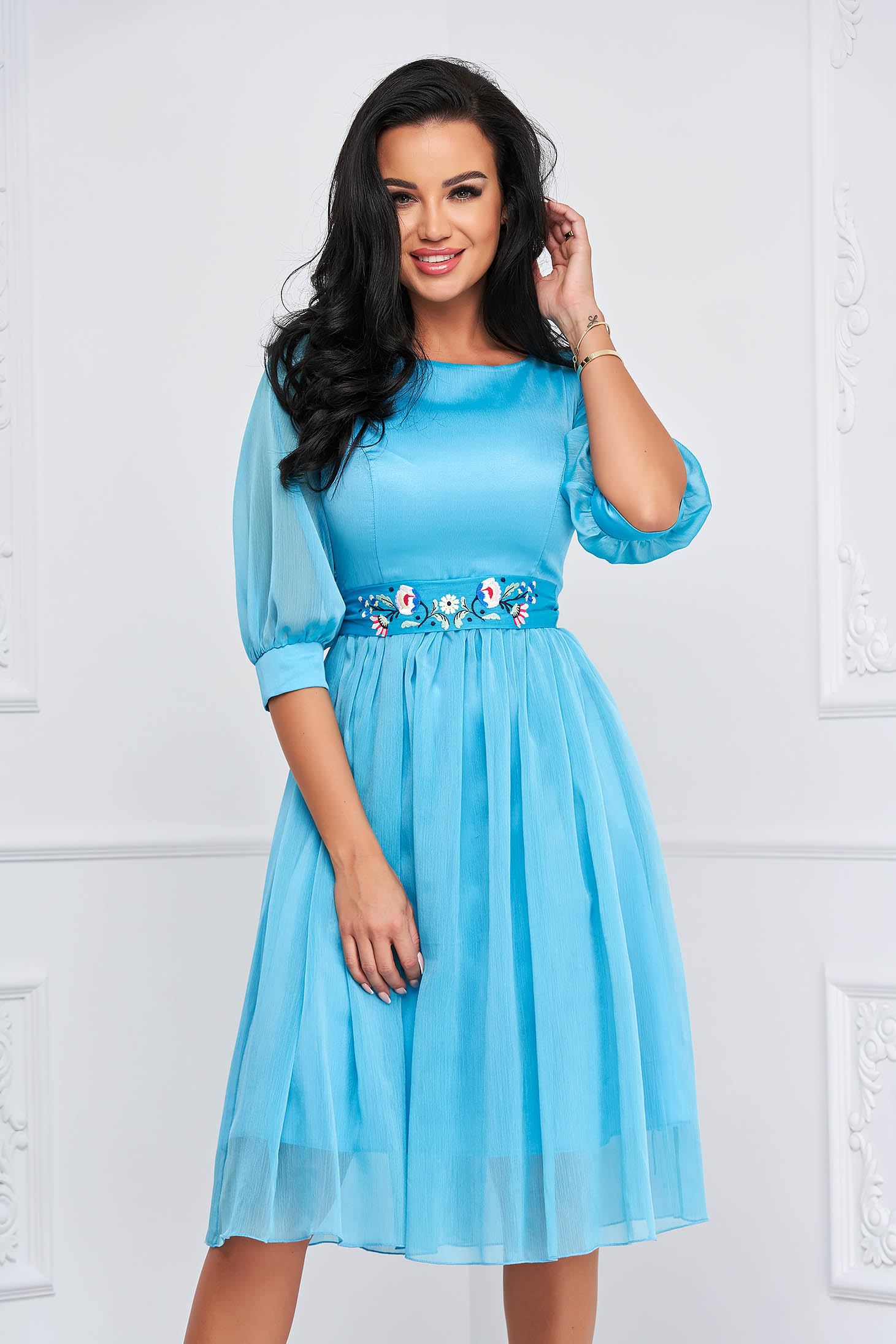 Light blue airy midi dress in cloche with floral embroidery made in our own workshops - StarShinerS