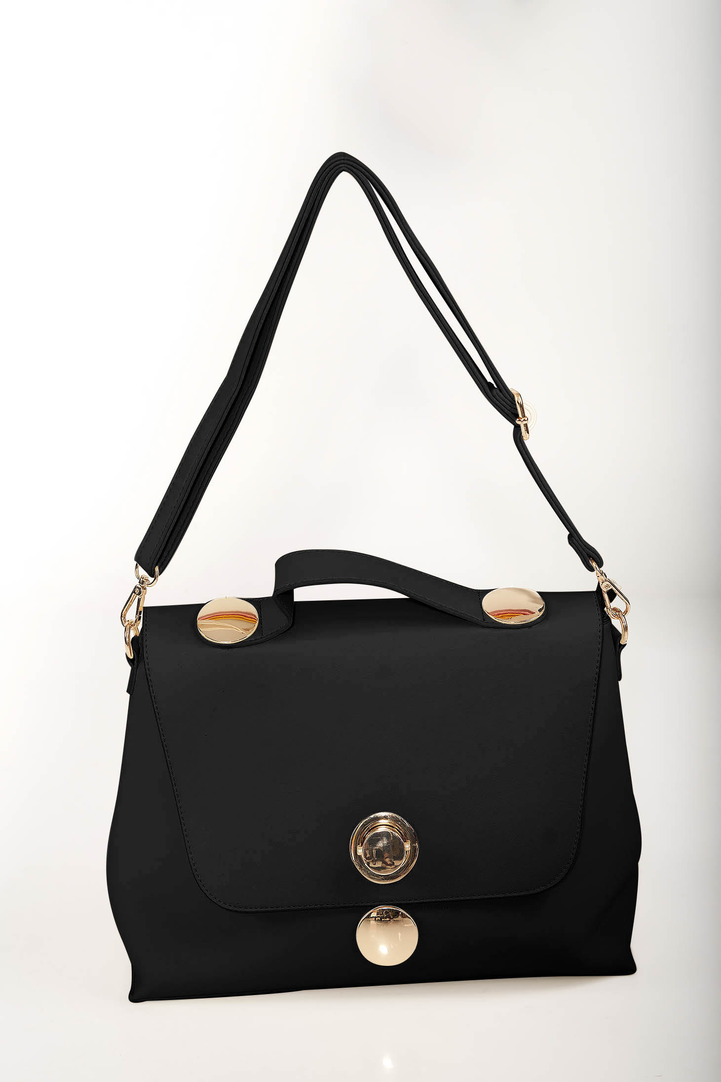 Black elegant bag faux leather golden metallic details dettachable shoulder strap