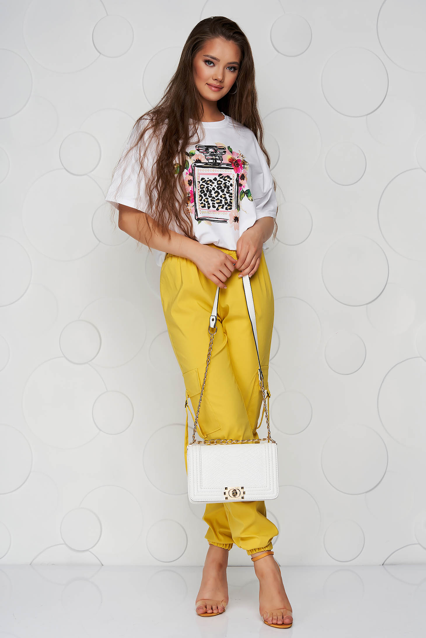 Yellow trousers thin fabric conical high waisted with pockets