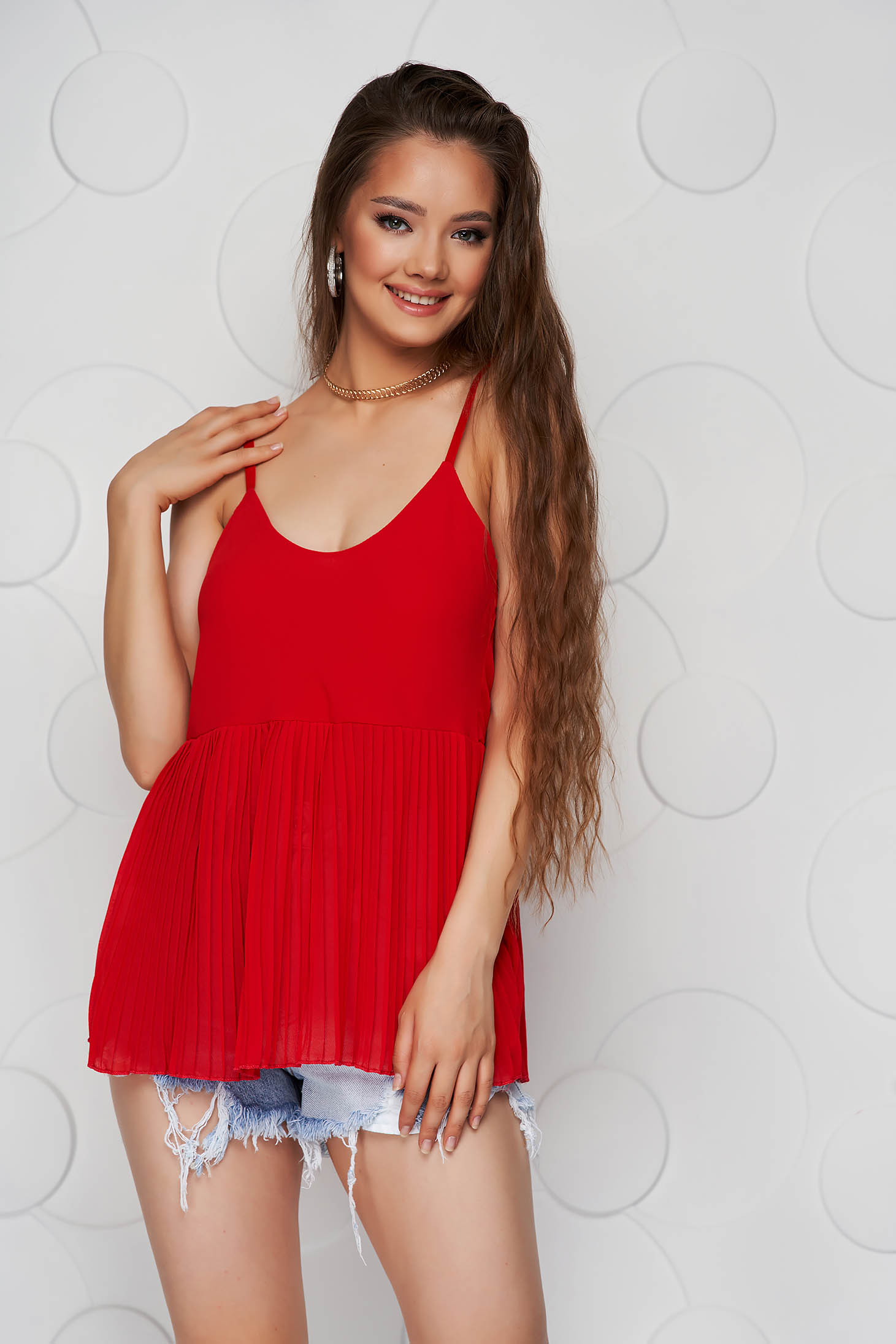 Red top shirt loose fit pleated from veil fabric with straps