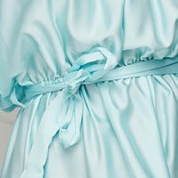Aqua dress from satin cloche with elastic waist asymmetrical with ruffle details on the shoulders