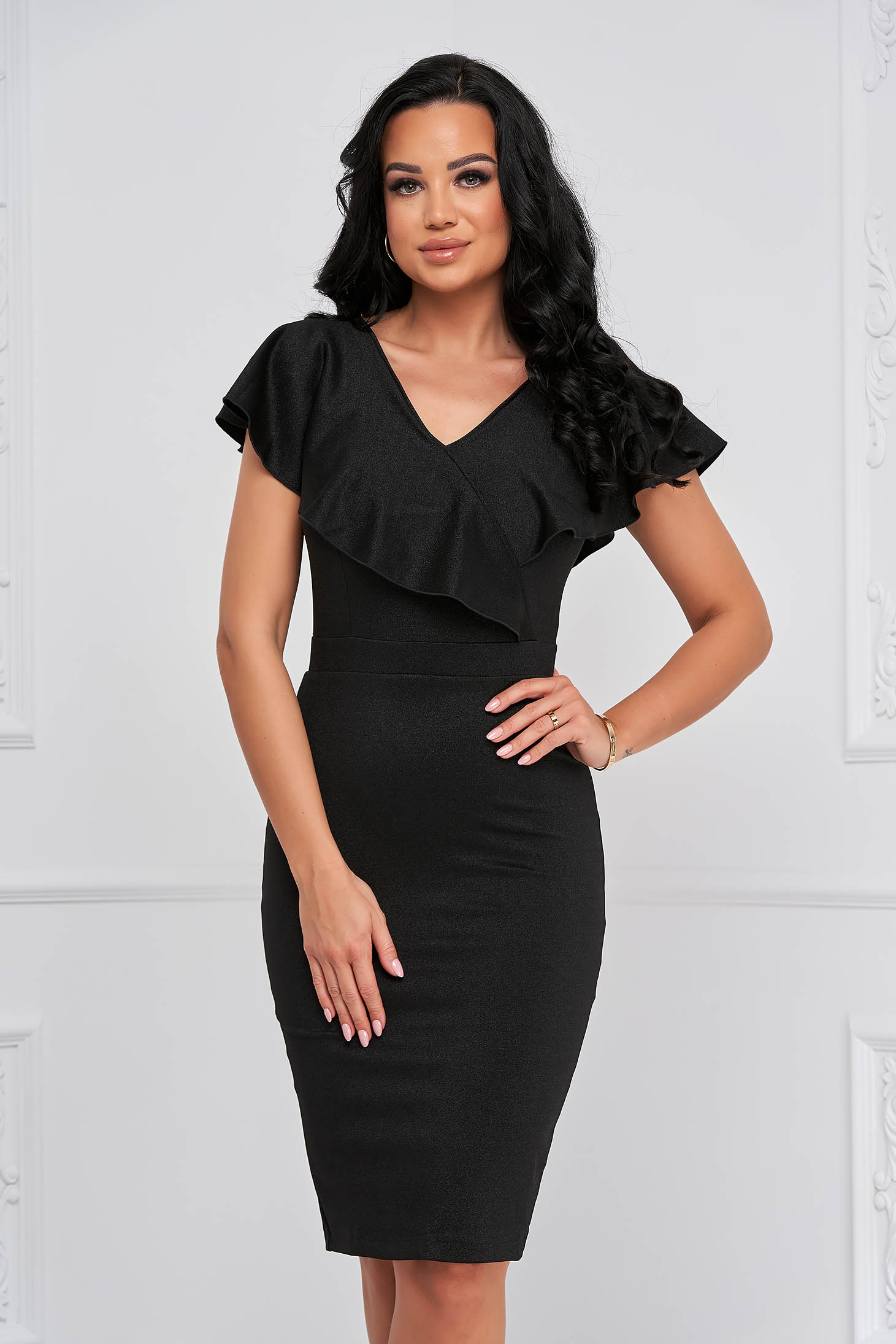 - StarShinerS black dress midi pencil from elastic fabric frilly trim around cleavage line