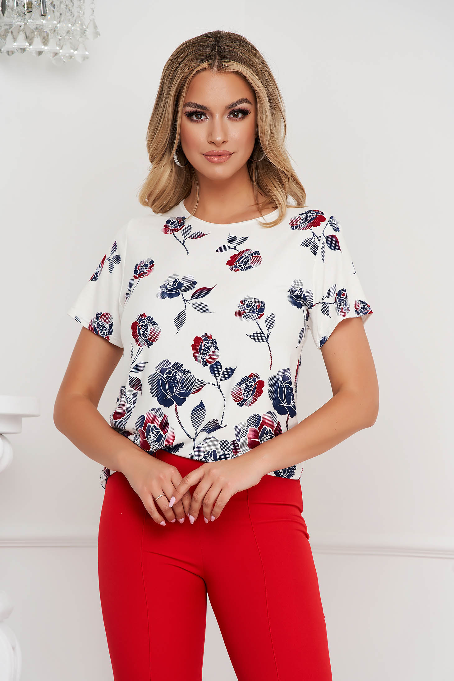 Women`s blouse from elastic fabric thin fabric short sleeves