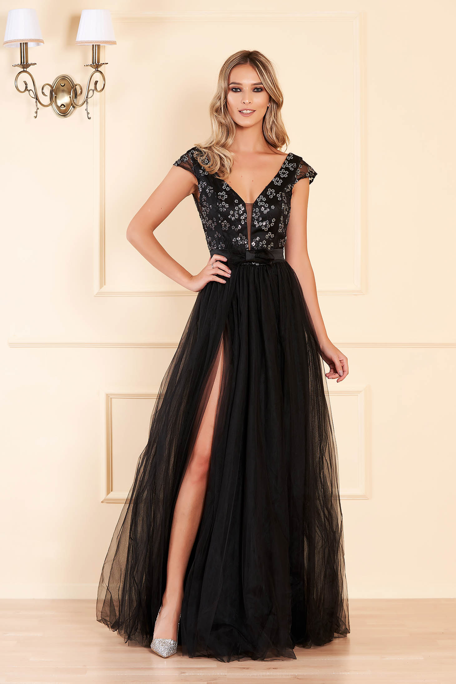Black dress occasional cloche from tulle with sequin embellished details