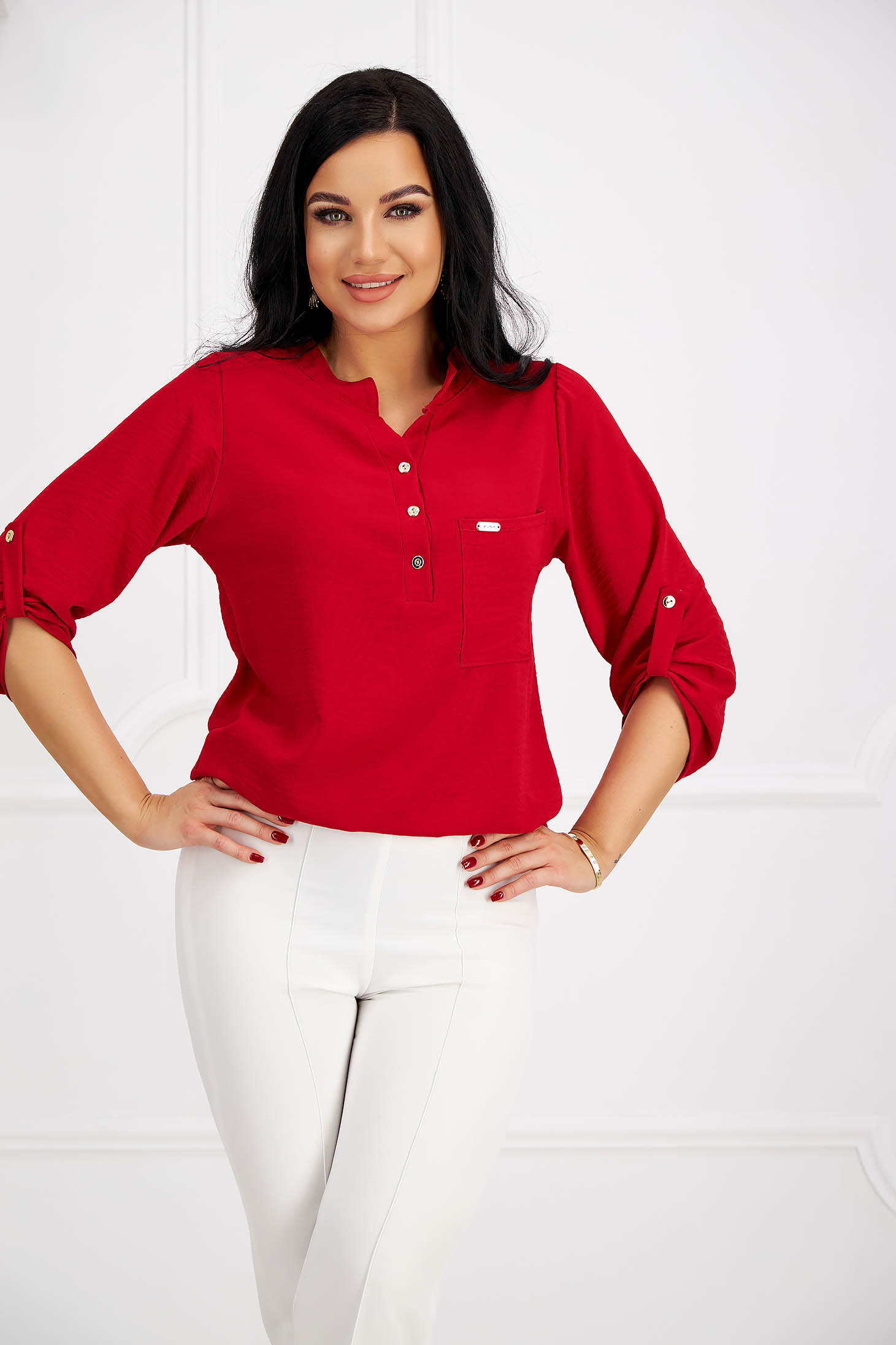 Bluza dama din georgette rosie cu croi larg si buzunar in fata - Lady Pandora