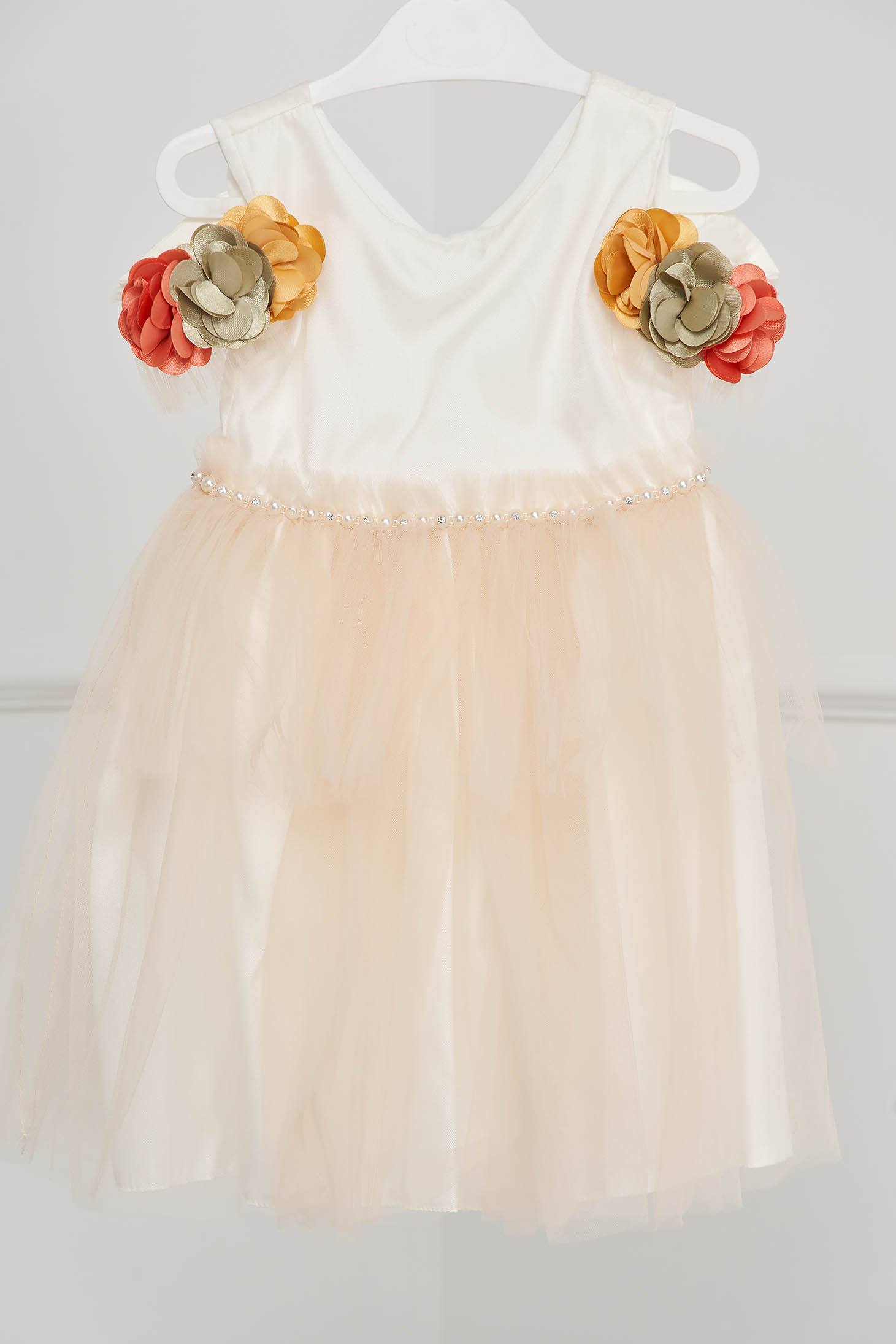 Ivory Tulle Dress for Girls with Bead Applications and Embossed Flowers 1 - StarShinerS.com