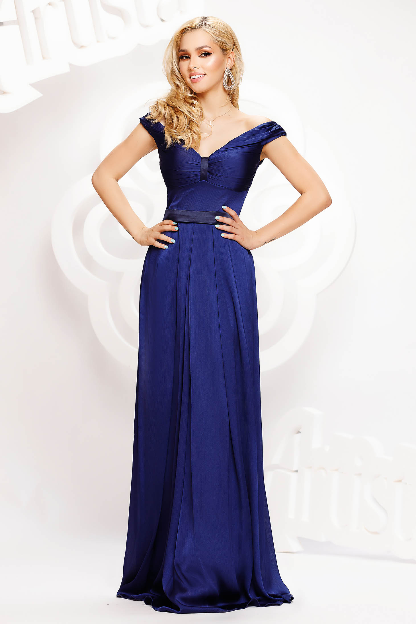 Blue dress long occasional cloche from satin naked shoulders