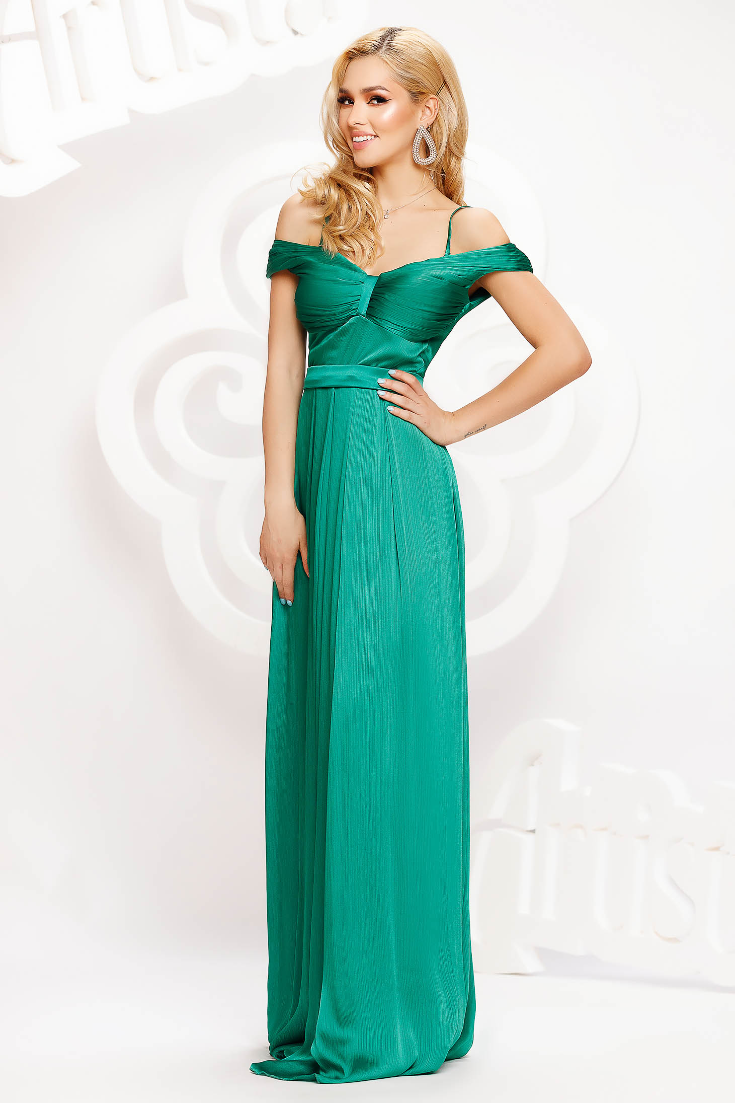 Green dress long occasional cloche from satin naked shoulders