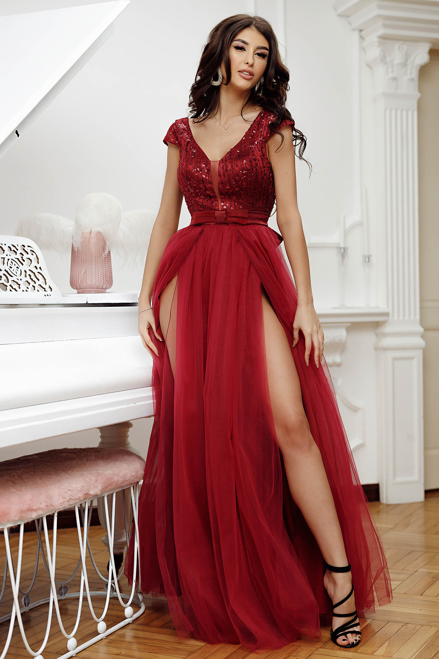 Raspberry dress from tulle cloche slit with sequin embellished details