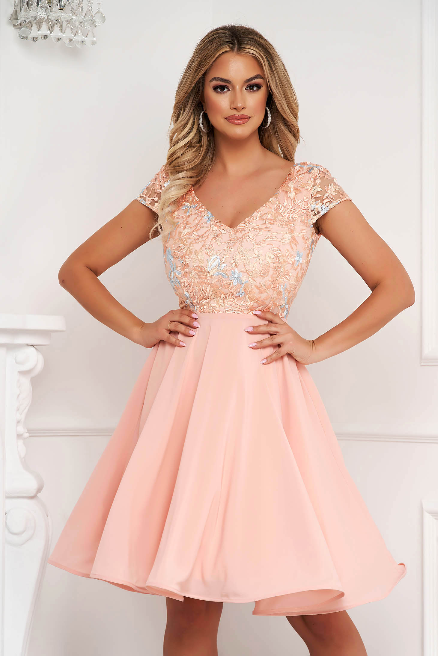 StarShinerS peach dress occasional cloche from veil fabric laced midi