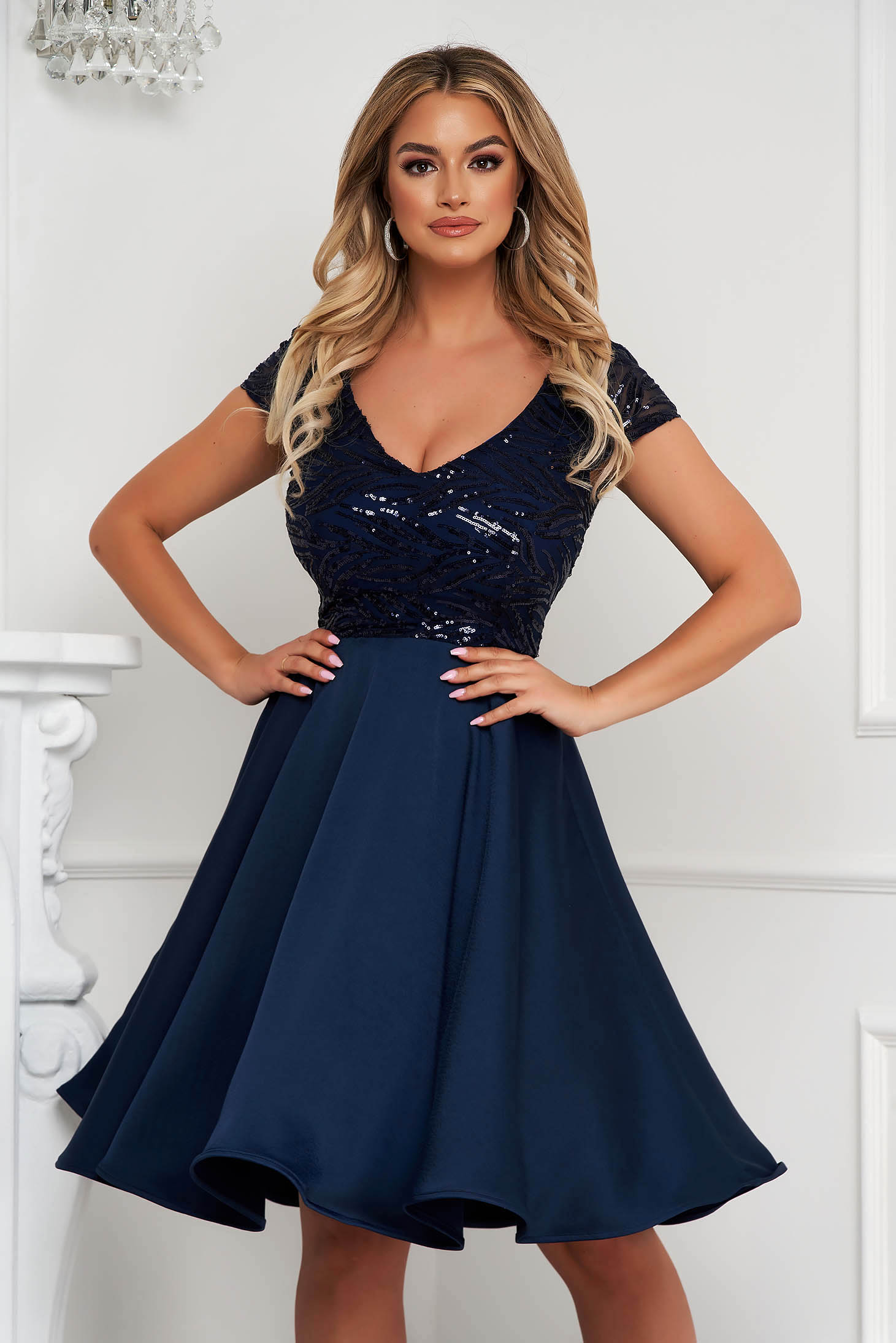 - StarShinerS darkblue dress cloche midi from veil fabric lace and sequins details