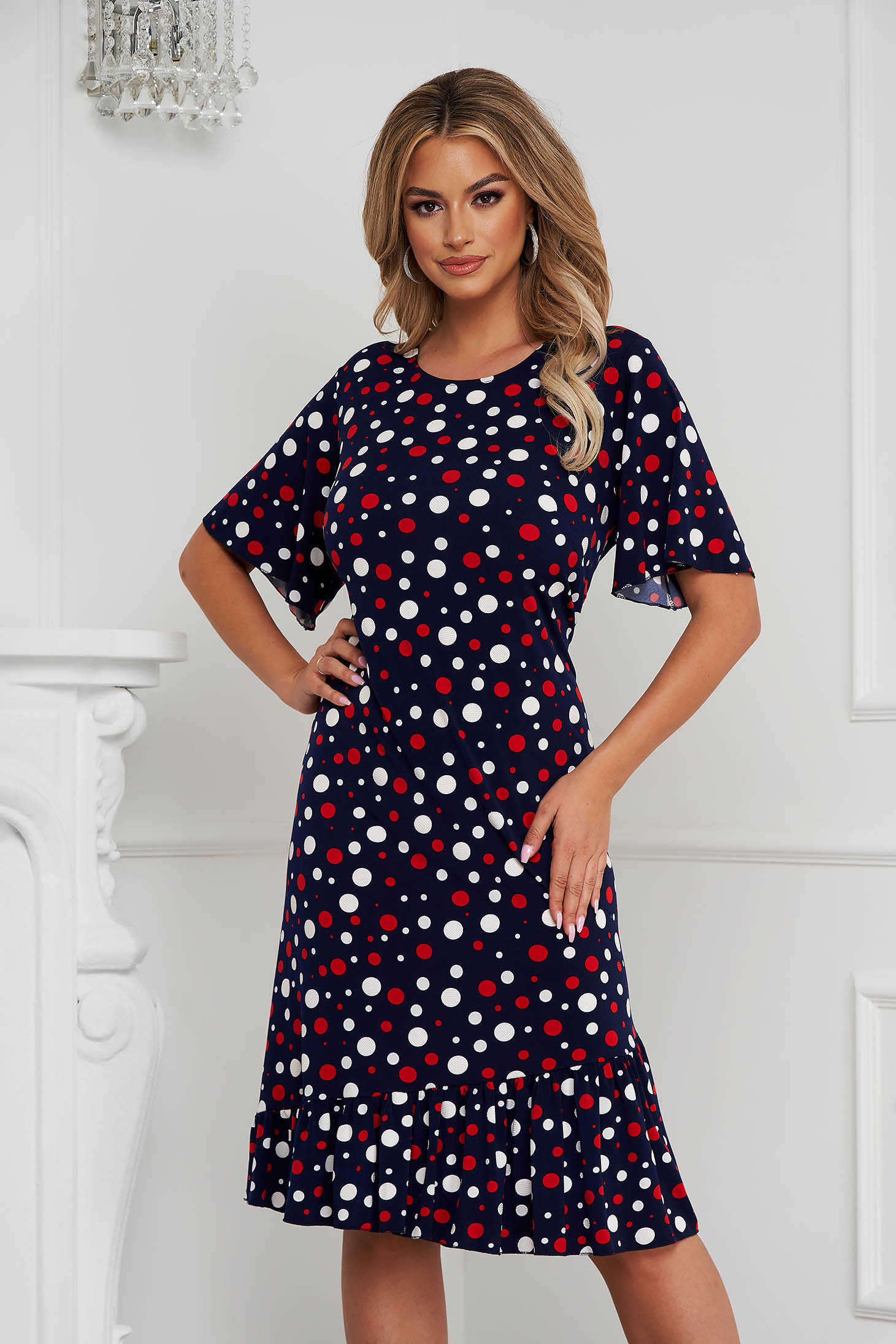 Dress midi straight from elastic fabric with ruffle details dots print 1 - StarShinerS.com