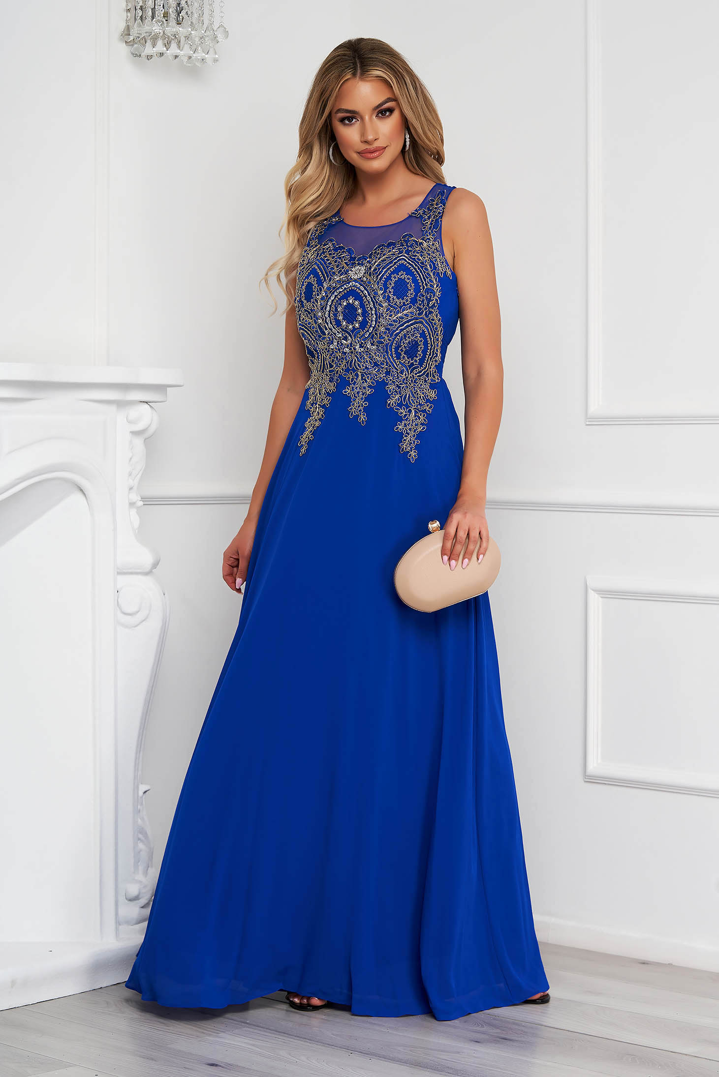 Blue dress long occasional cloche from tulle front embroidery with crystal embellished details