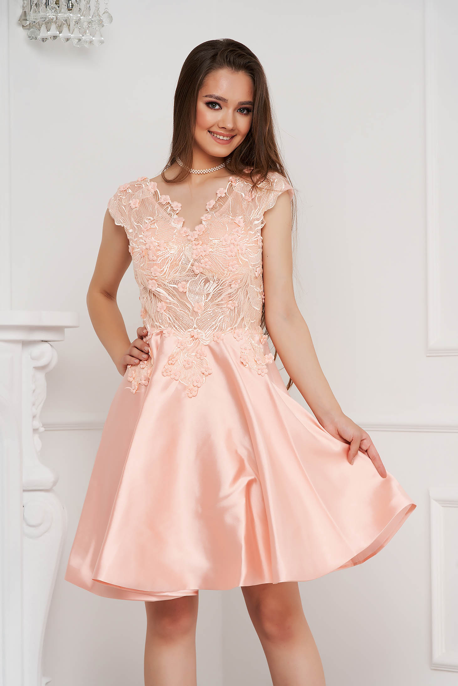 Lightpink dress short cut occasional laced from satin fabric texture cloche