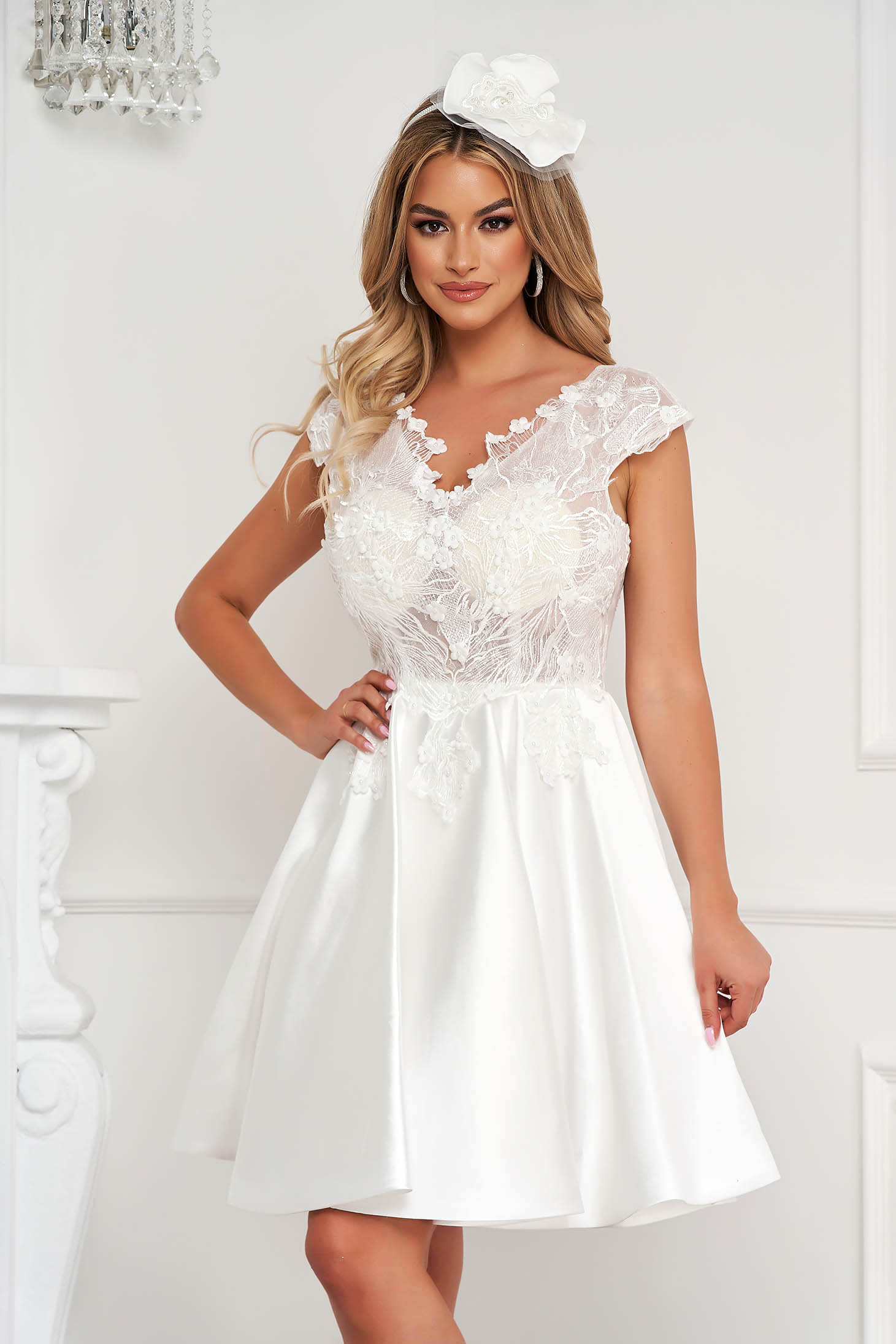 White dress short cut occasional laced from satin fabric texture cloche