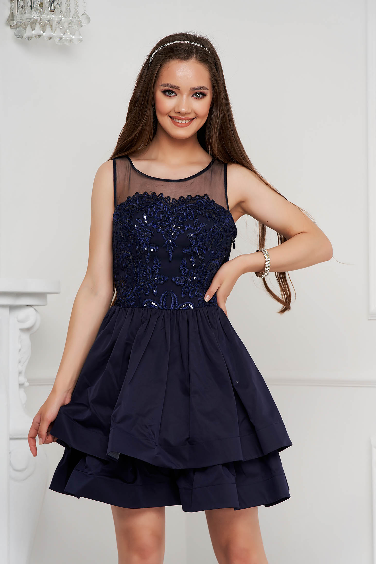 Darkblue dress short cut cloche from satin fabric texture with sequin embellished details
