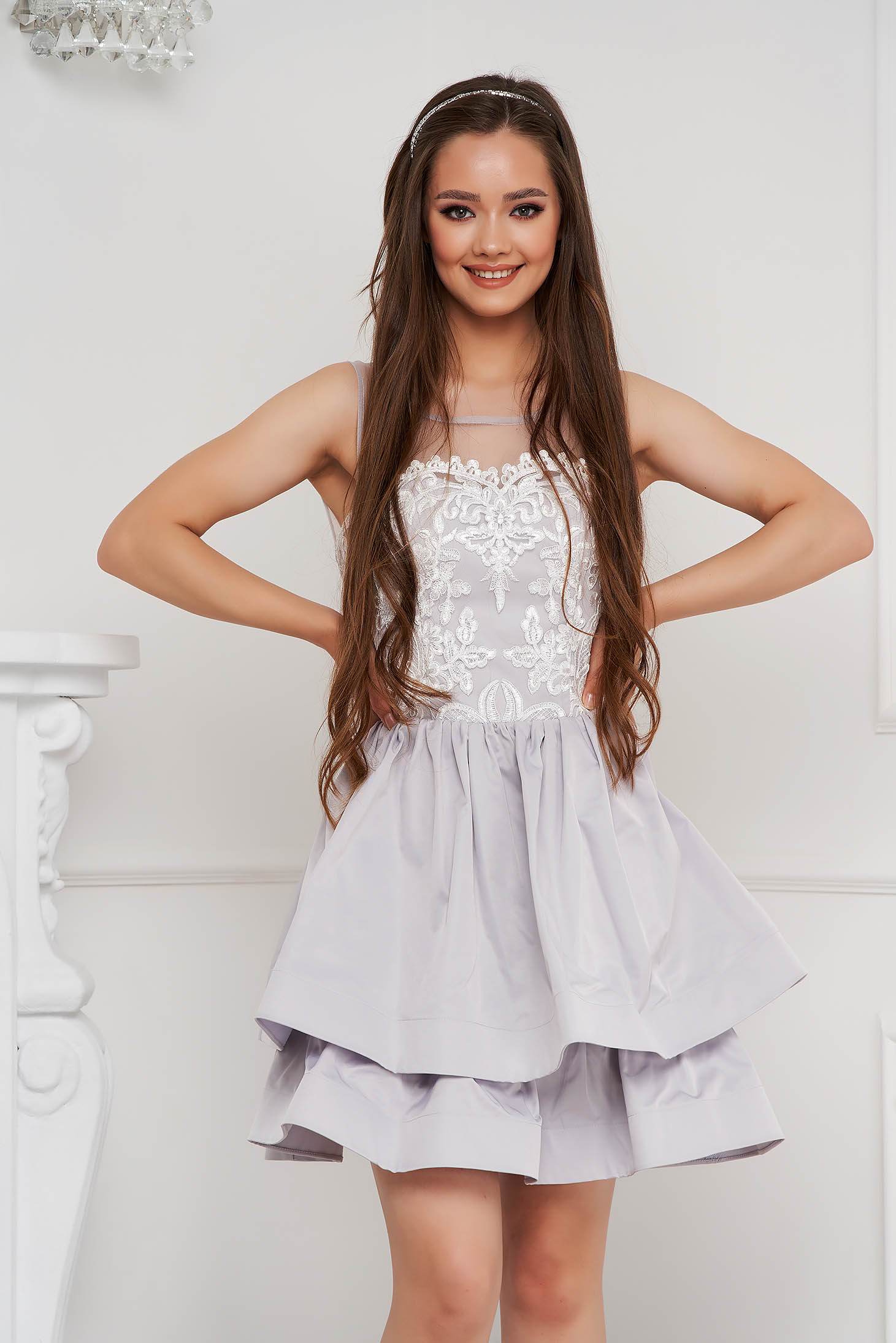 Grey dress short cut cloche from satin fabric texture with sequin embellished details
