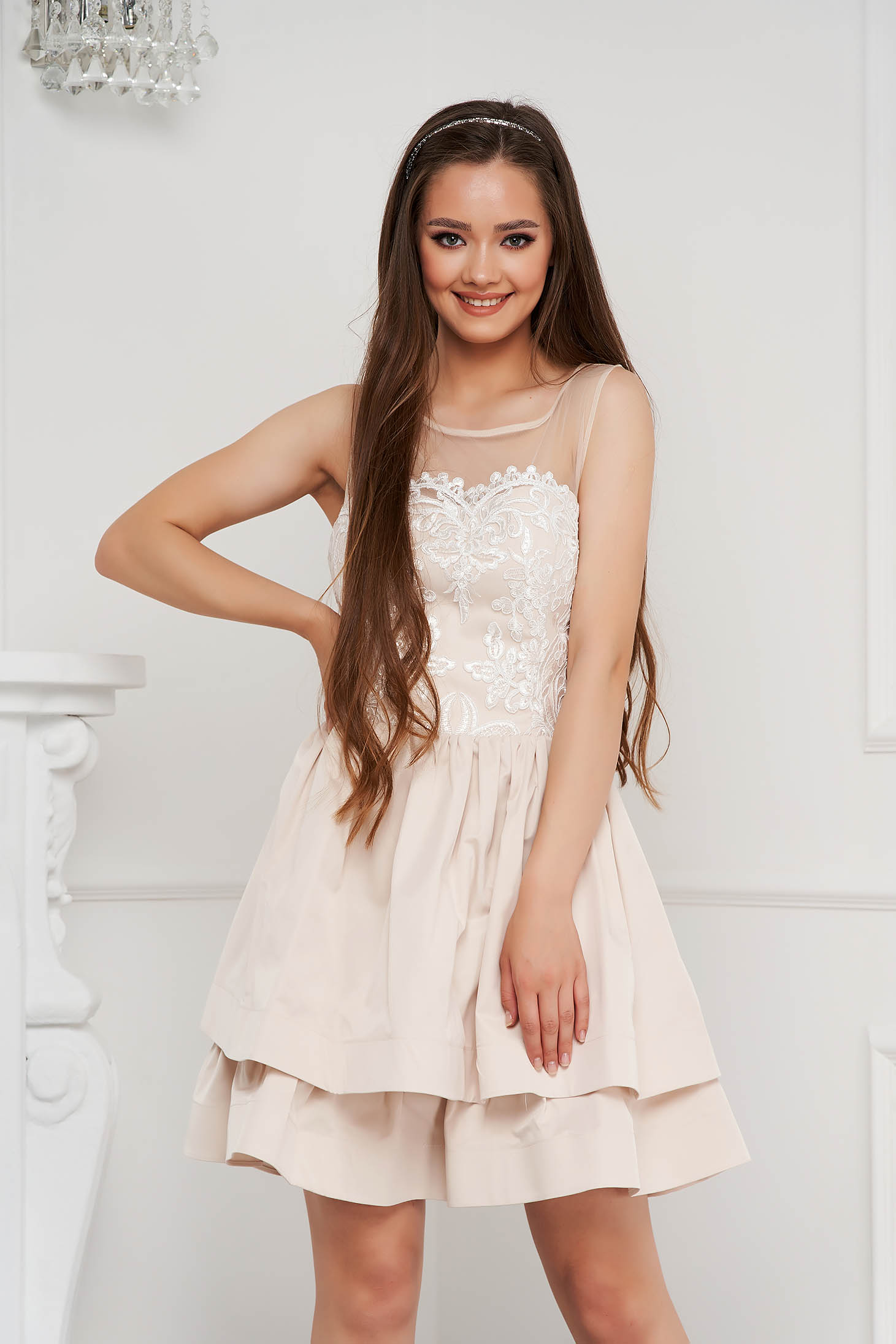 Cream dress short cut cloche from satin fabric texture with sequin embellished details