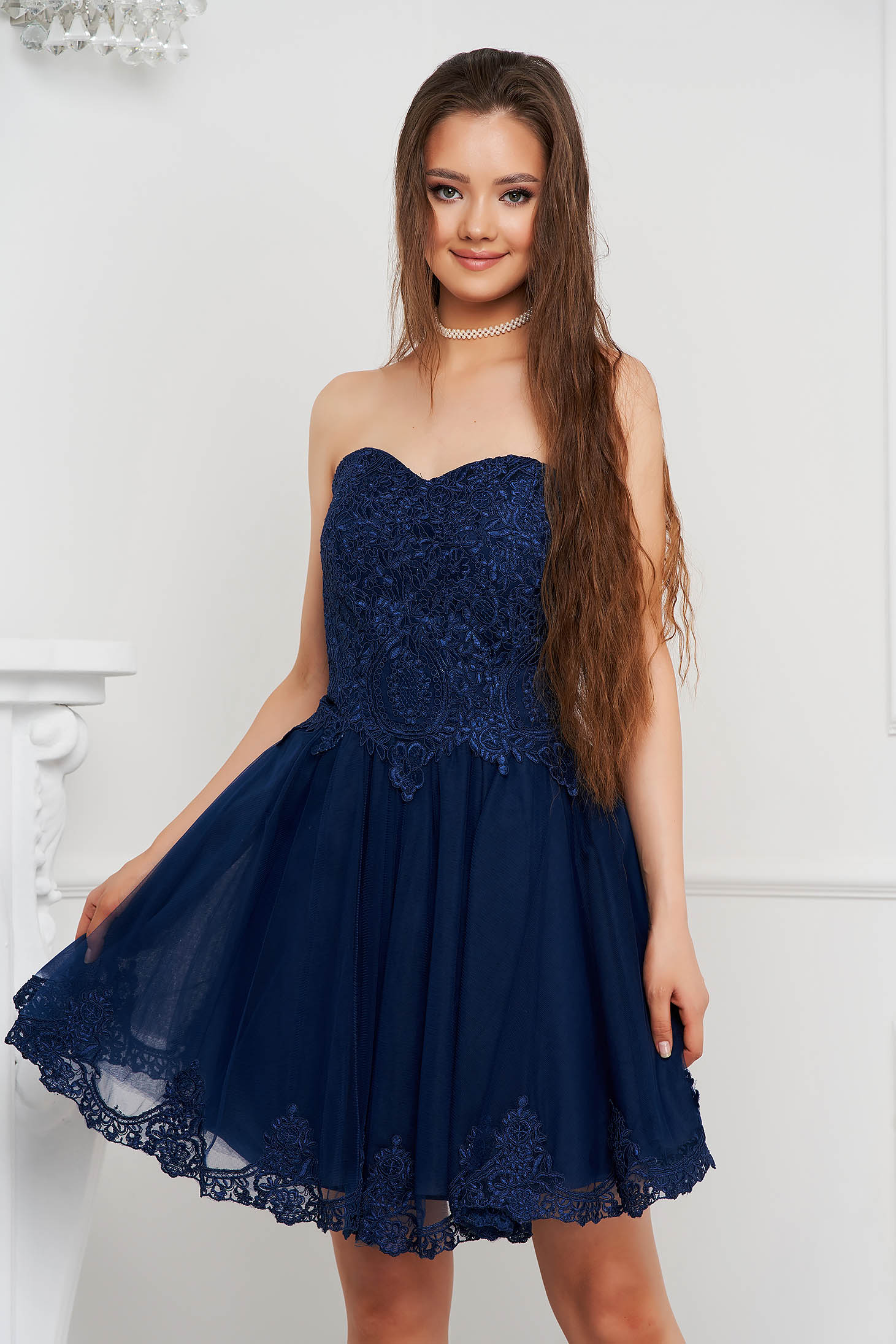 Darkblue dress short cut occasional cloche from veil fabric with push-up cups with embroidery details