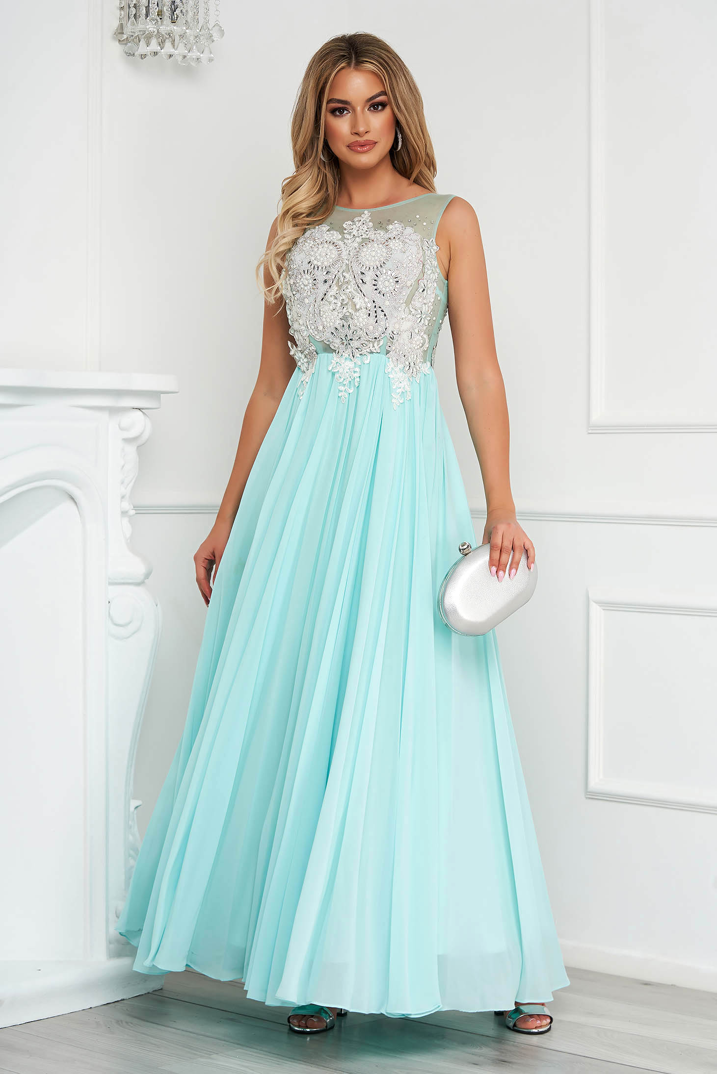Aqua dress long cloche from veil fabric with crystal embellished details sleeveless occasional