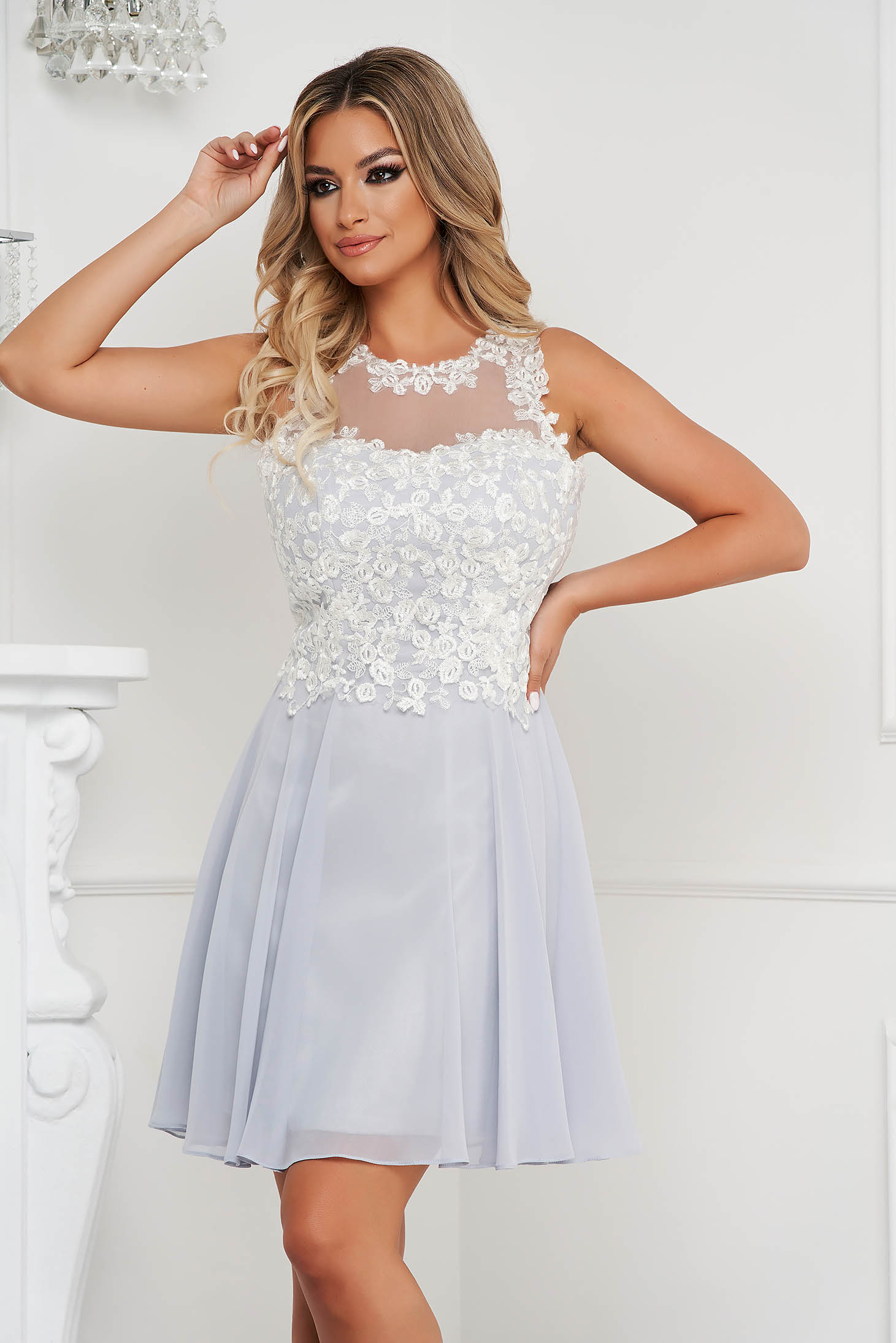Grey dress short cut occasional from veil fabric with embroidery details sleeveless