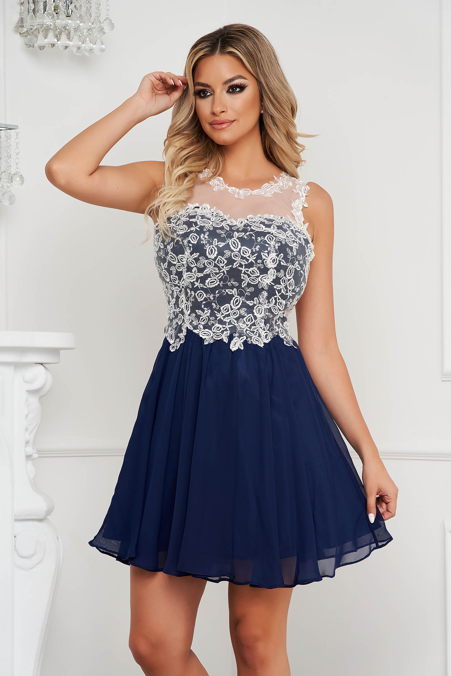 Darkblue dress short cut occasional from veil fabric with embroidery details sleeveless