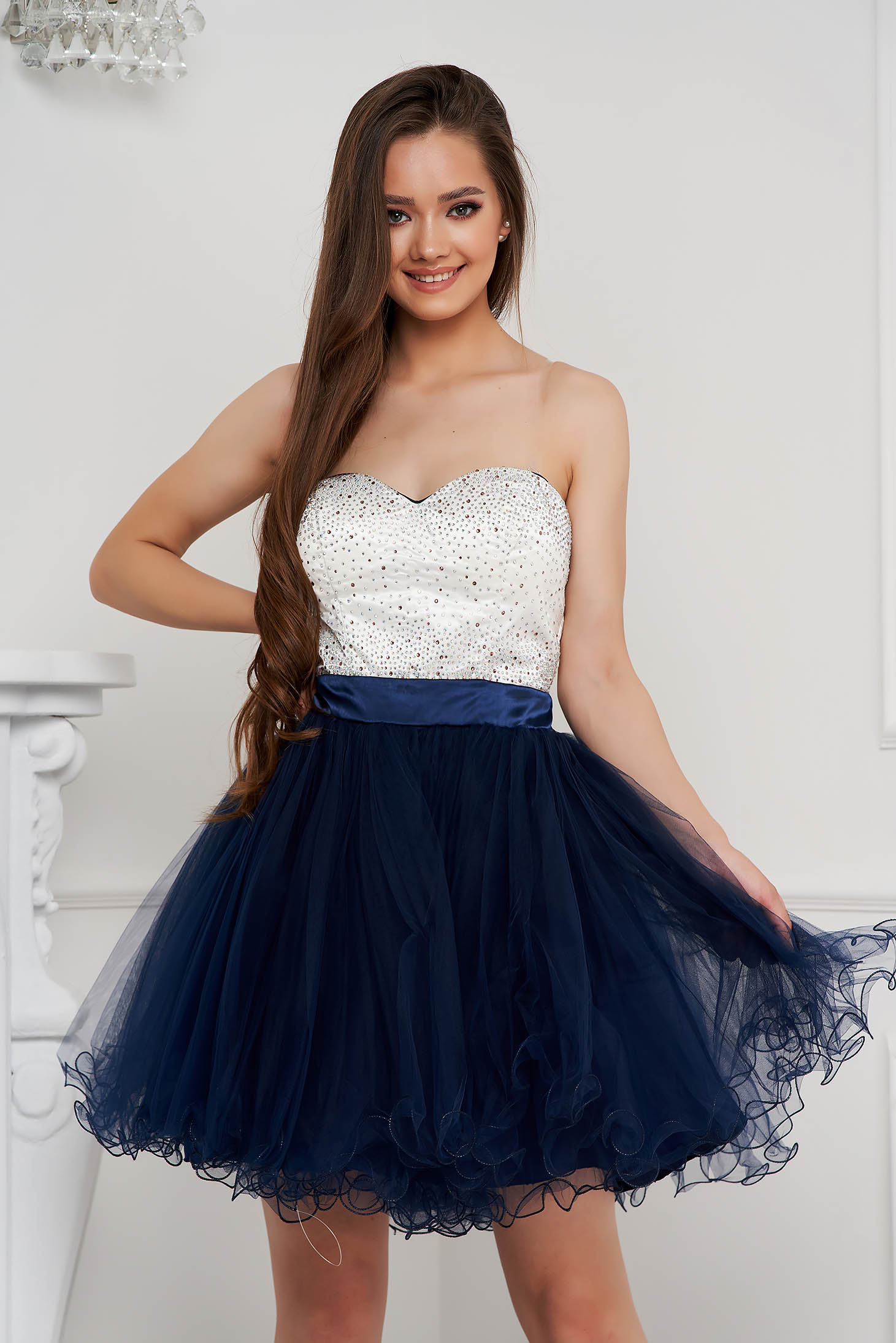 Darkblue dress short cut occasional cloche with crystal embellished details from tulle