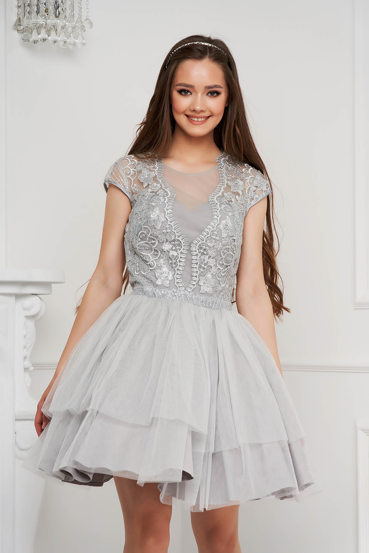 Grey dress short cut cloche from tulle with sequin embellished details sleeveless