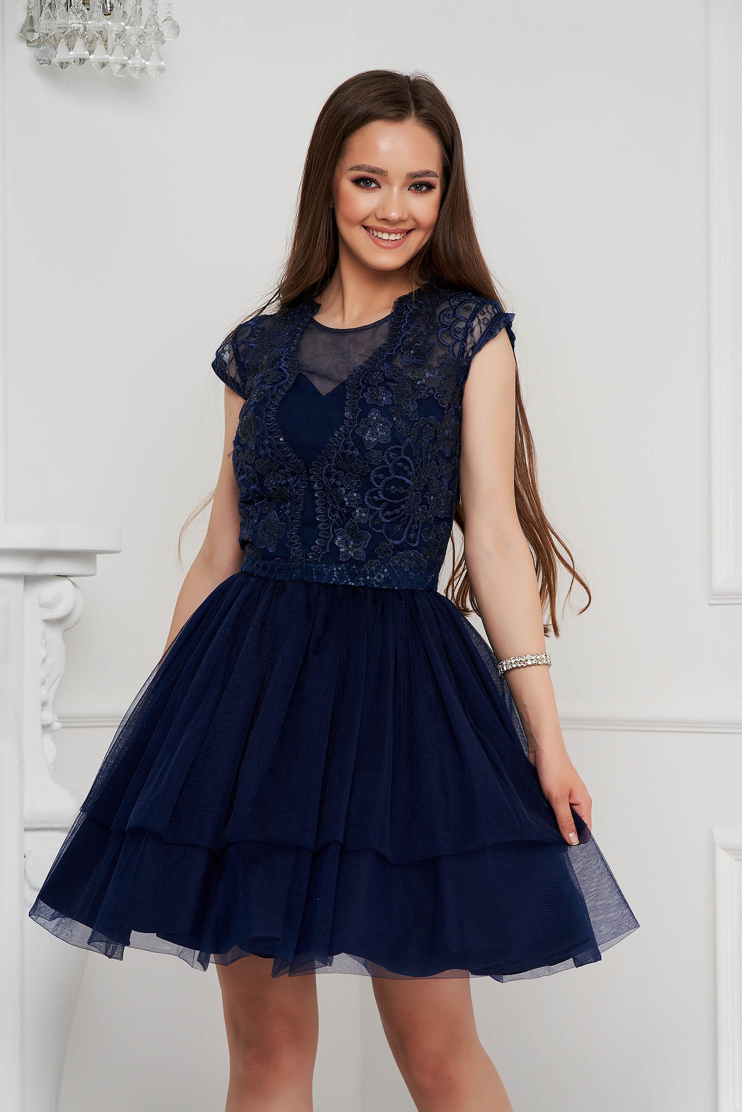 Darkblue dress short cut cloche from tulle with sequin embellished details sleeveless