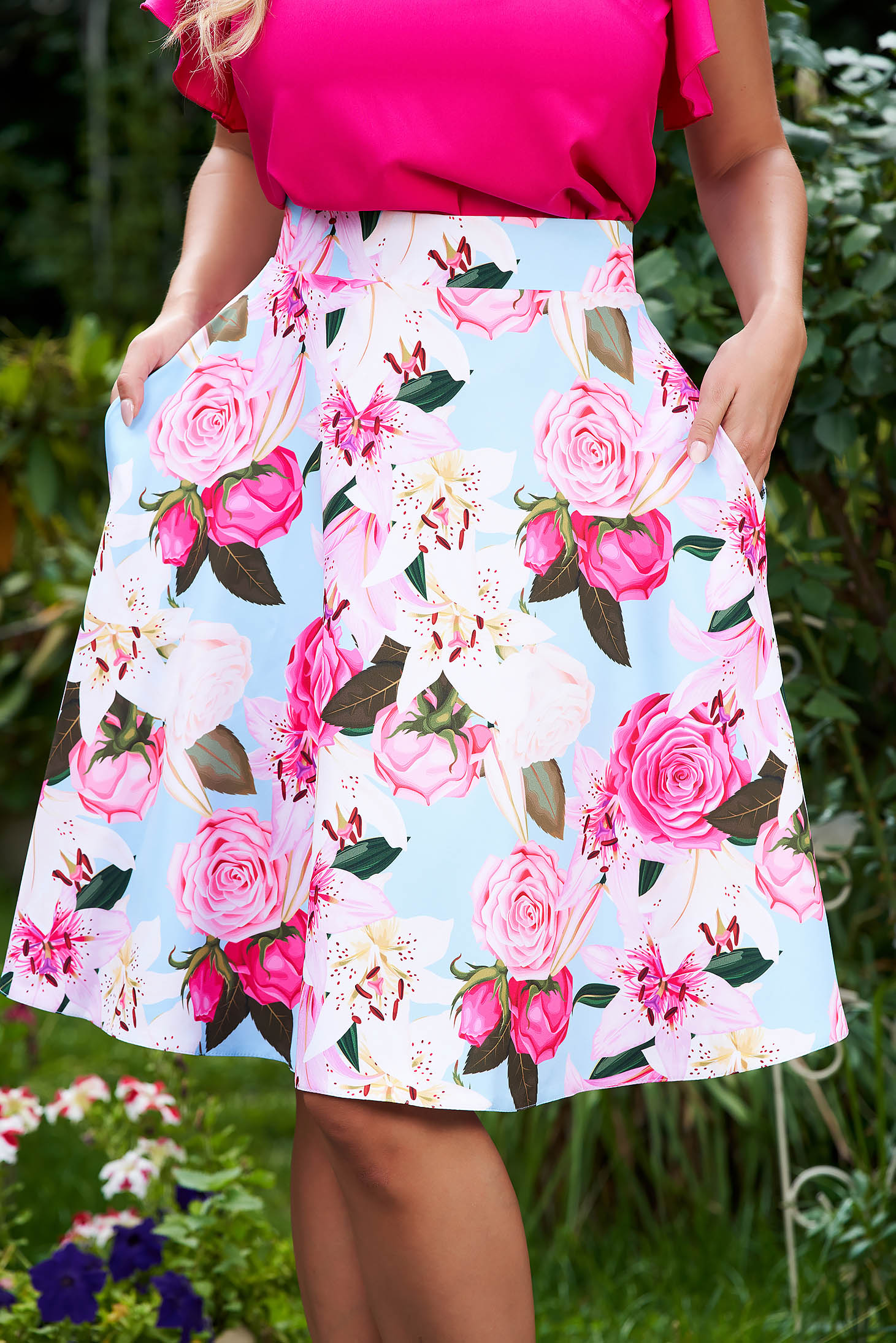 - StarShinerS skirt midi cloche with pockets with floral print elastic cloth