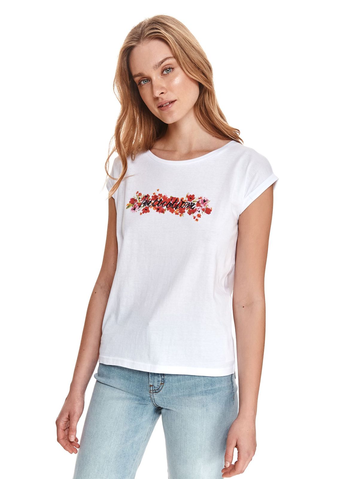Tricou Top Secret alb cu croi larg din bumbac cu decolteu rotunjit