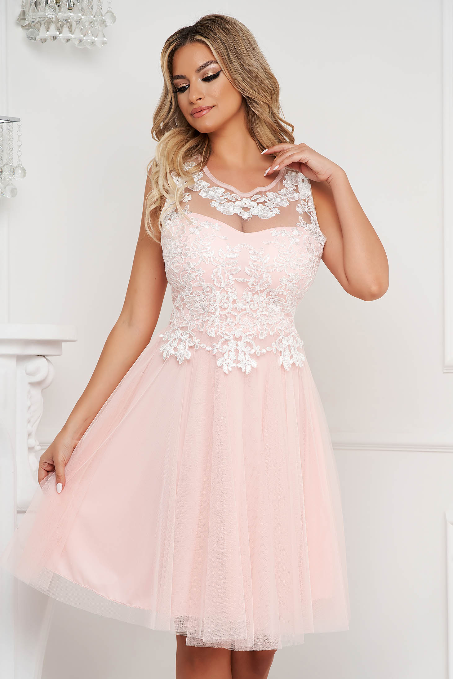 Lightpink dress midi occasional cloche from tulle sleeveless laced