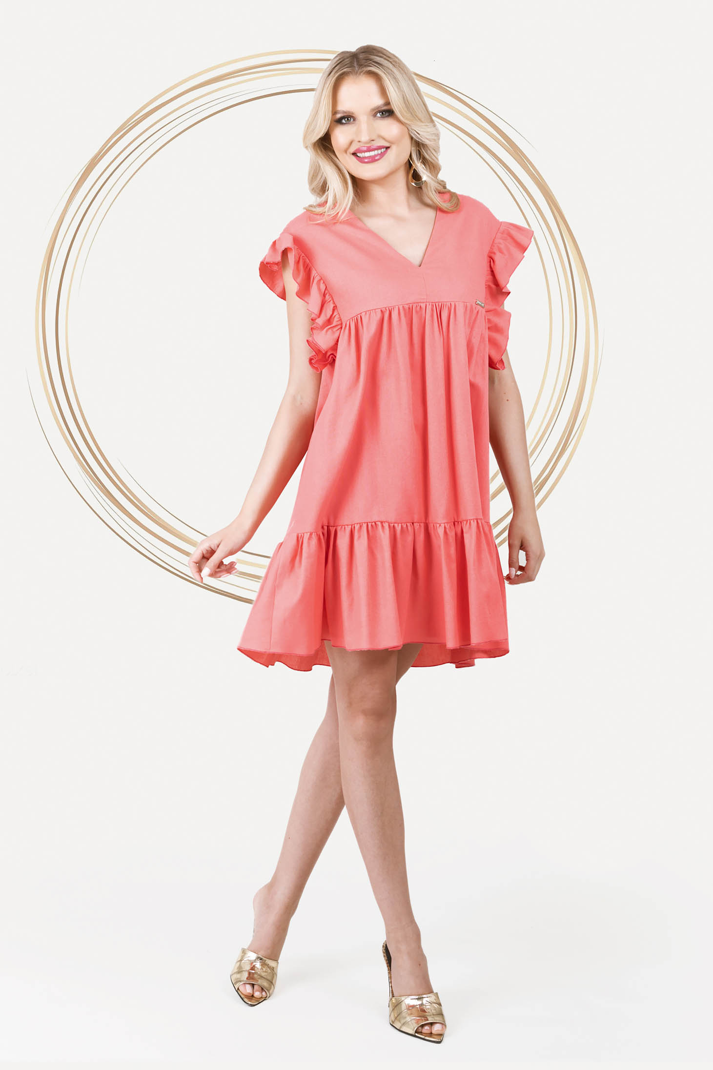 Short Coral Linen Dress with Loose Cut and Pockets - PrettyGirl